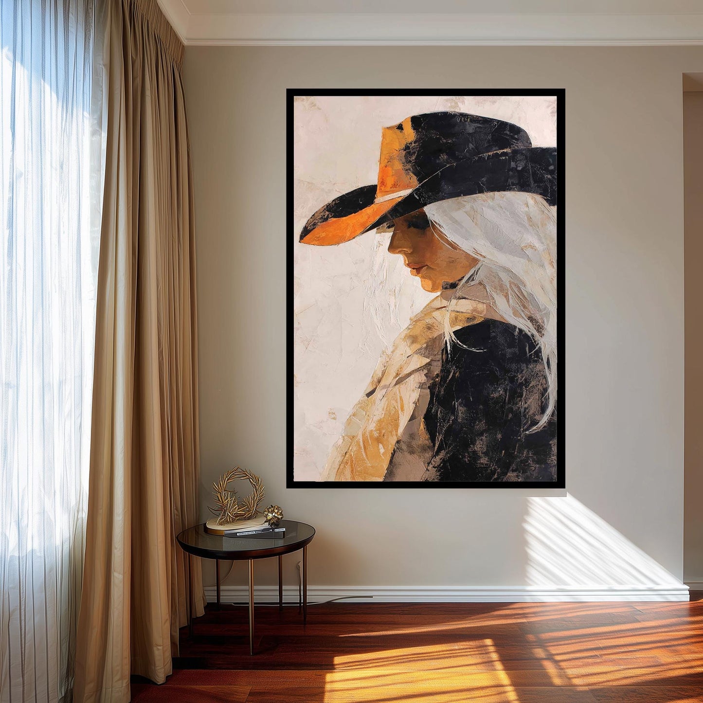Abstract Western Cowgirl Oil Painting | Woman with Long White Hair in Black and Orange Hat | Rustic Textured Canvas Wall Art Print Woman Art