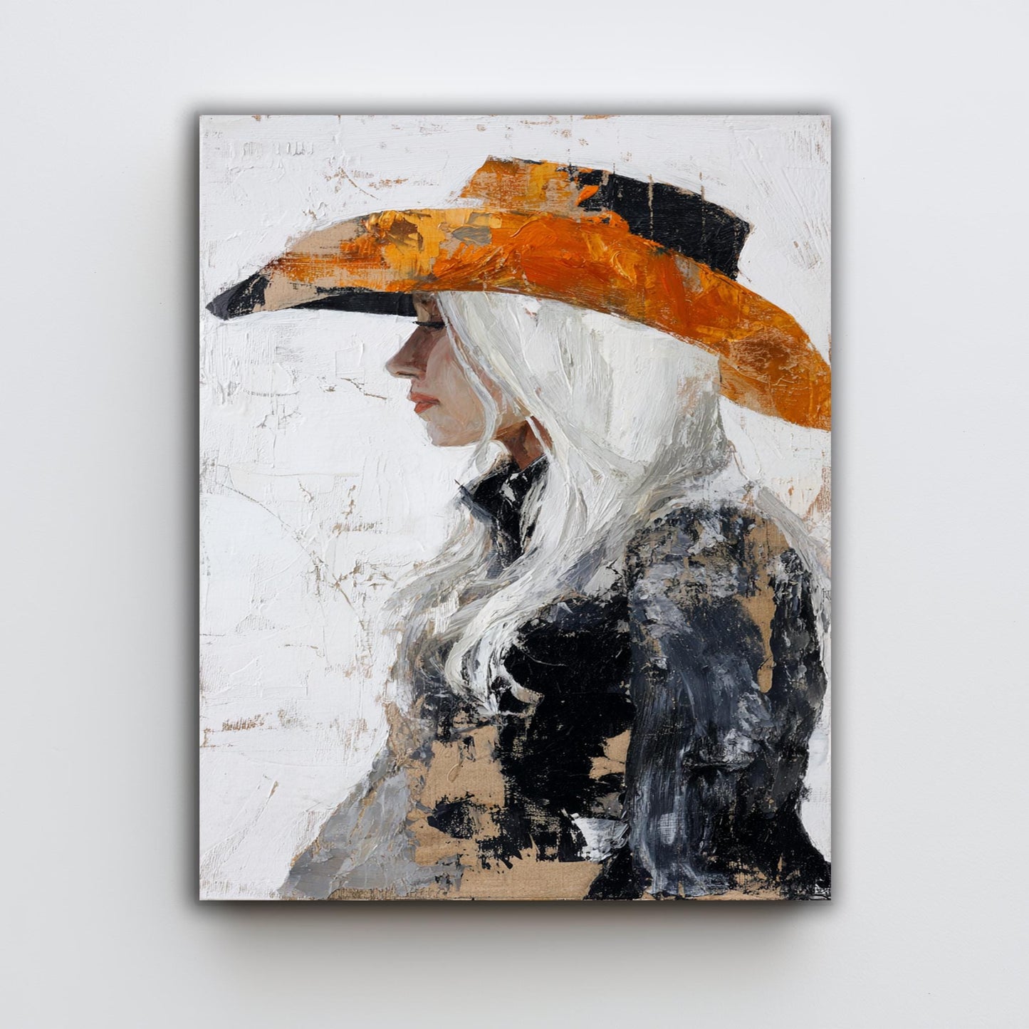 Abstract Western Woman Oil Painting | Cowgirl with Long White Hair in Textured Orange and Black Hat | Rustic Canvas Art Wall Decor Woman Art