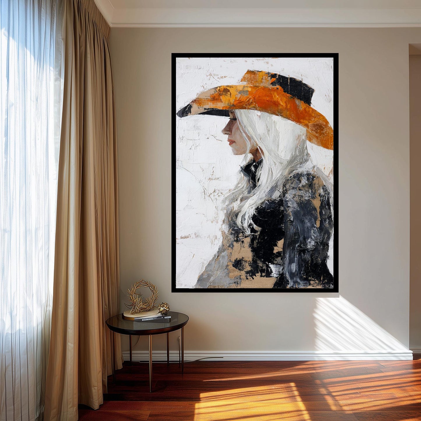 Abstract Western Woman Oil Painting | Cowgirl with Long White Hair in Textured Orange and Black Hat | Rustic Canvas Art Wall Decor Woman Art