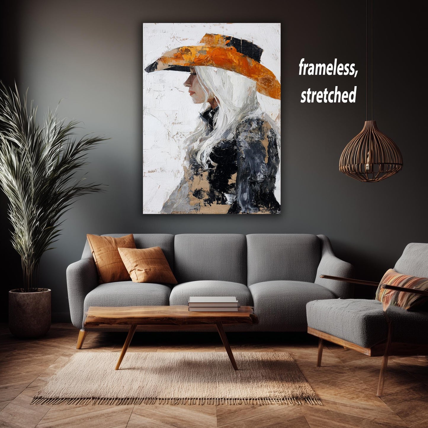 Abstract Western Woman Oil Painting | Cowgirl with Long White Hair in Textured Orange and Black Hat | Rustic Canvas Art Wall Decor Woman Art