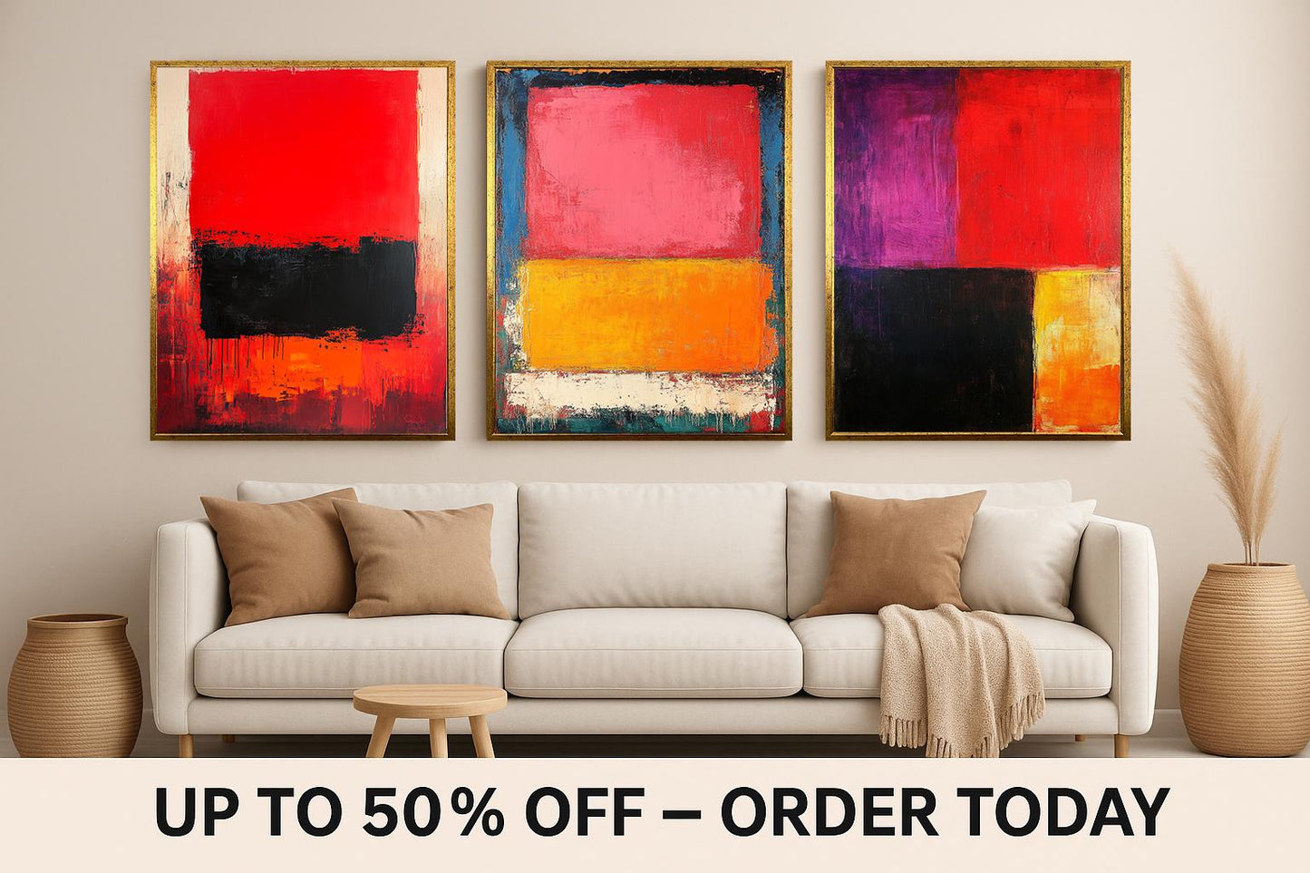 Abstract Color Block Canvas Print Set: Modern Red, Orange, Black Wall Art