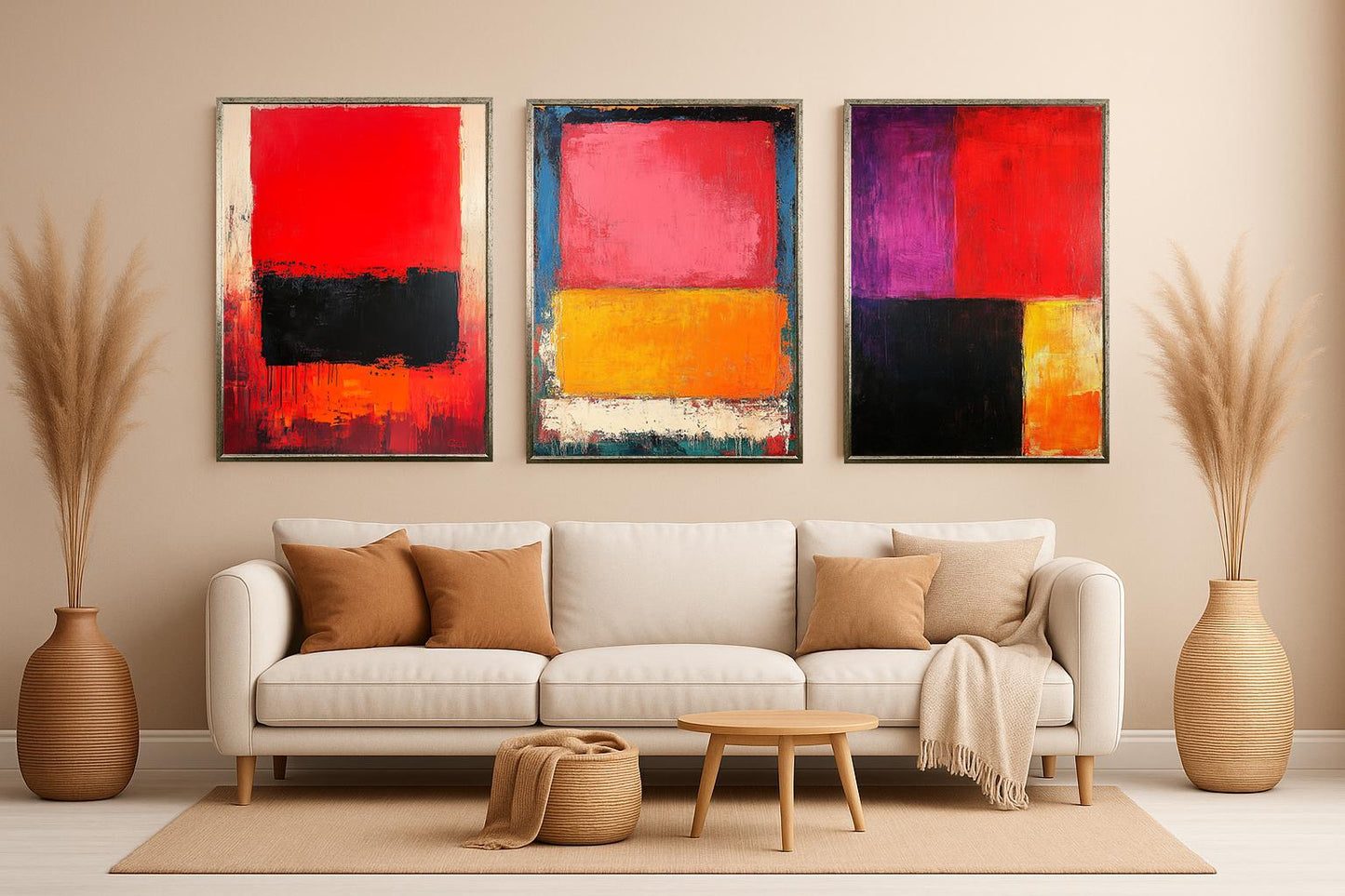 Abstract Color Block Canvas Print Set: Modern Red, Orange, Black Wall Art