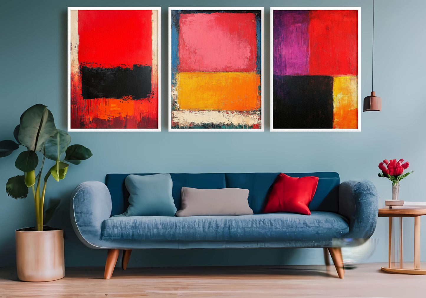 Abstract Color Block Canvas Print Set: Modern Red, Orange, Black Wall Art