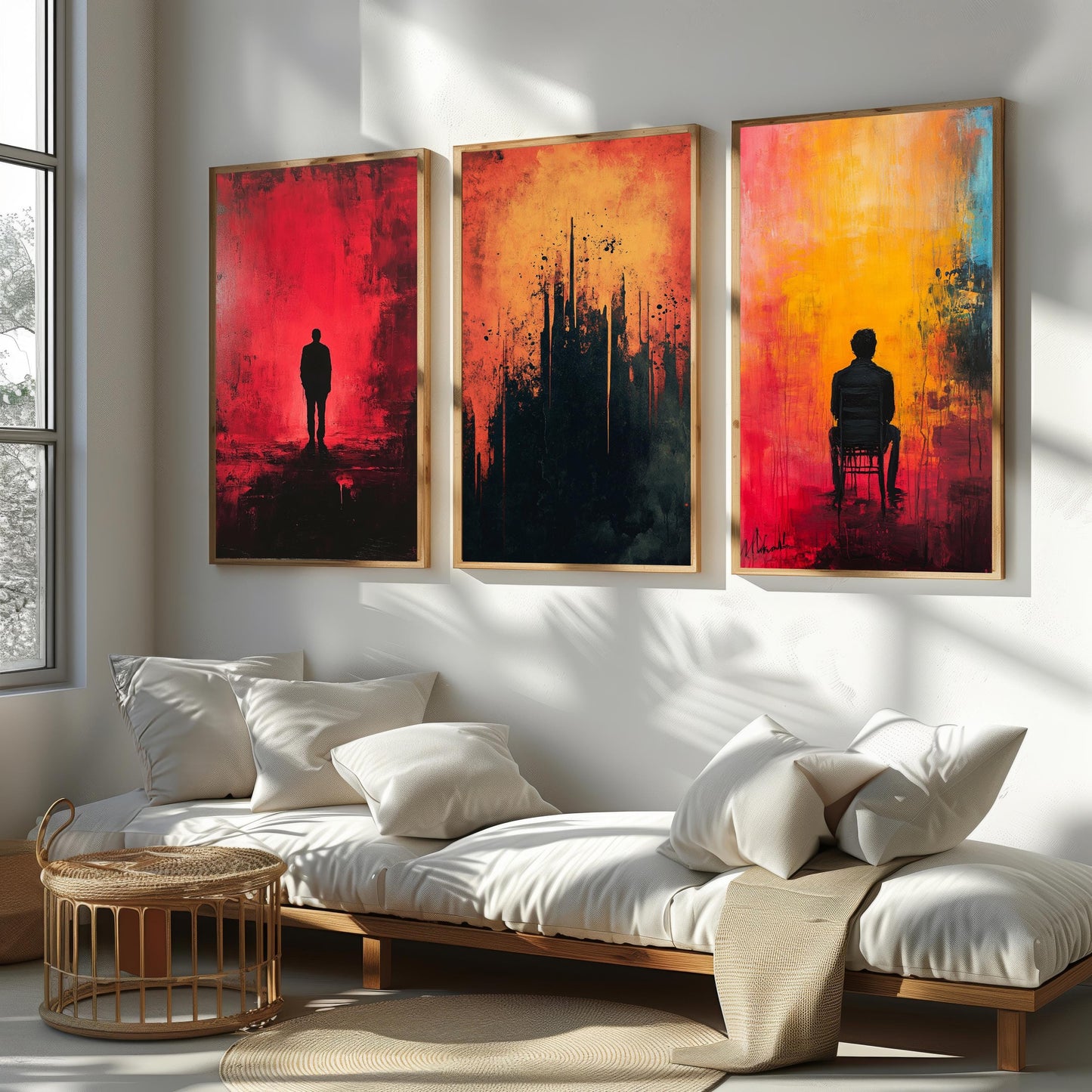 Abstract Silhouette Canvas Print Set: Modern Red Yellow Black Wall Art