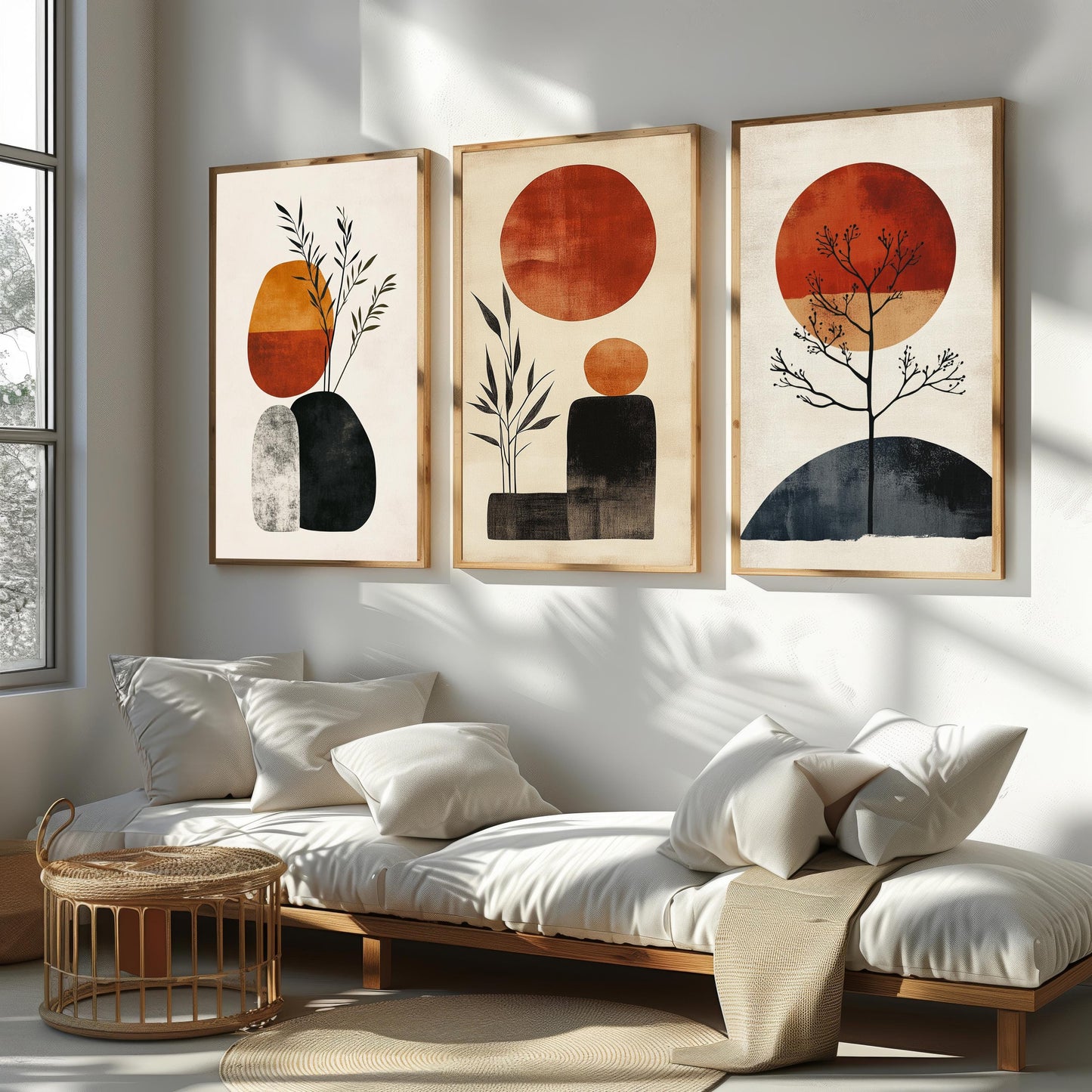 Boho Abstract Art Prints: Mid Century Modern Sun & Plant Shapes