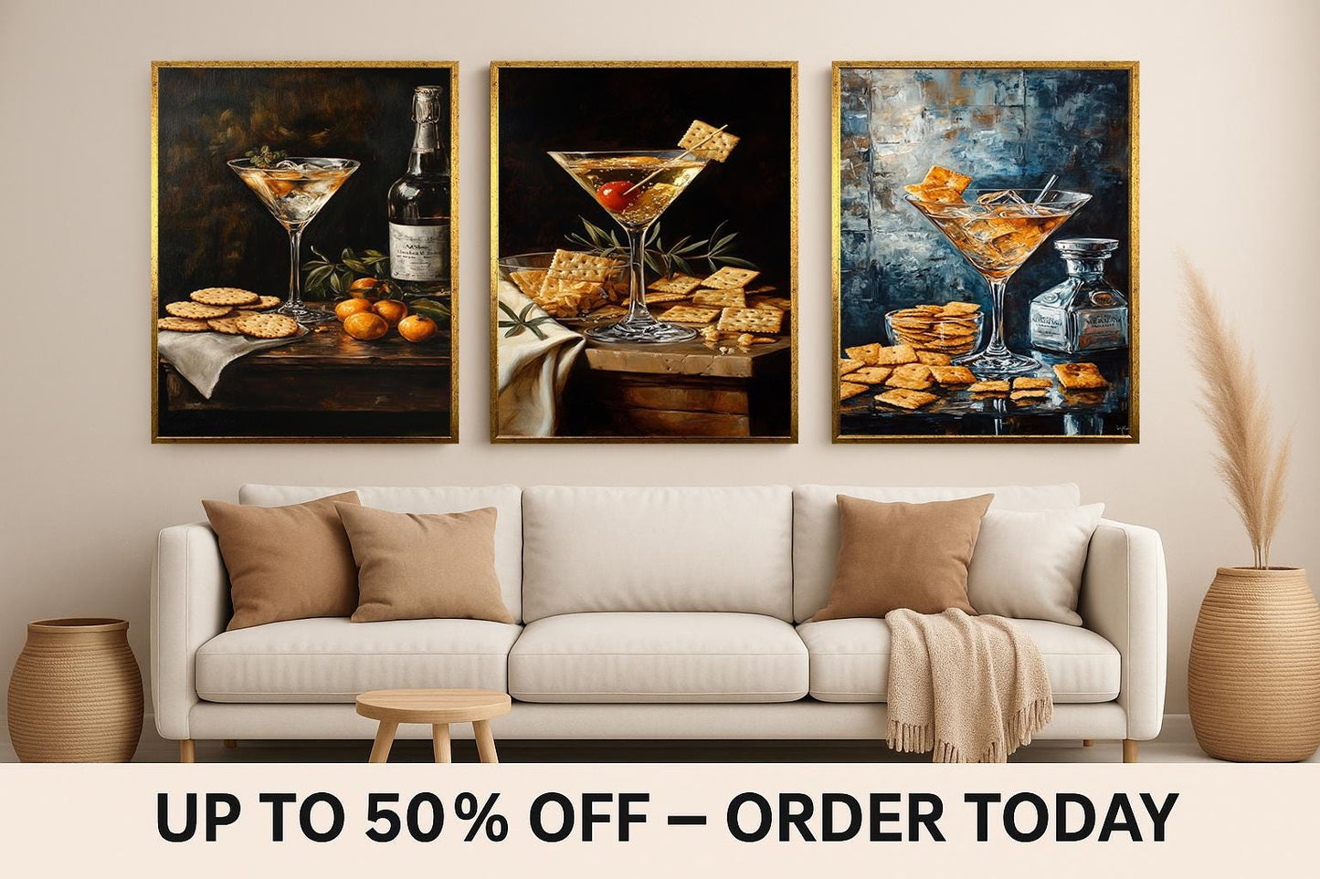 Martini & Crackers Canvas Print Set: Elegant Bar Still Life