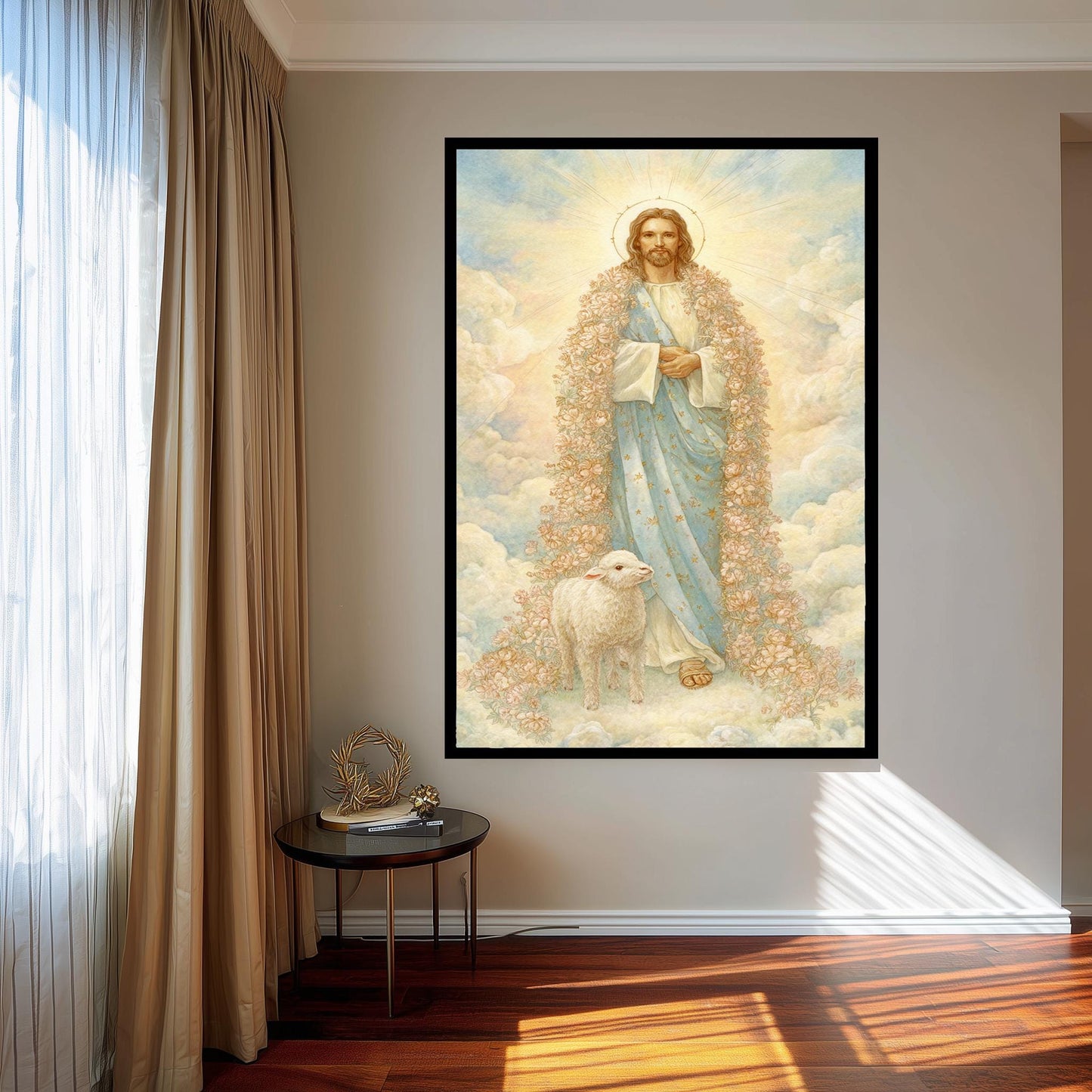 Jesus Christ Wall Art Print Pastel Storybook Style with Lamb and Floral Robe Spiritual Christian Decor for Nursery or Prayer Room Jesus Art