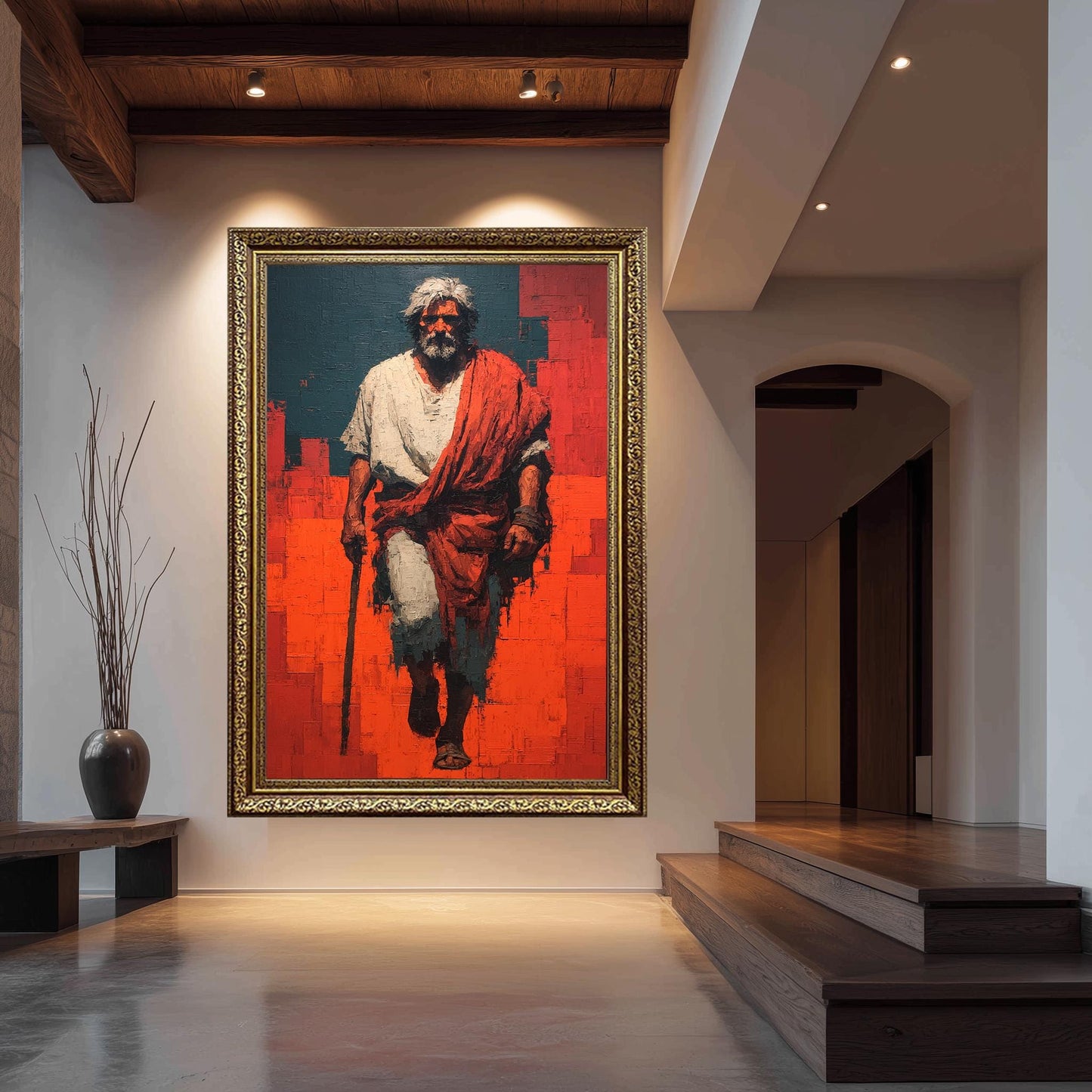 Bold Abstract Jesus Walking Painting in Red and Blue Modern Christian Wall Art Print for Faith-Inspired Homes or Prayer Room Decor