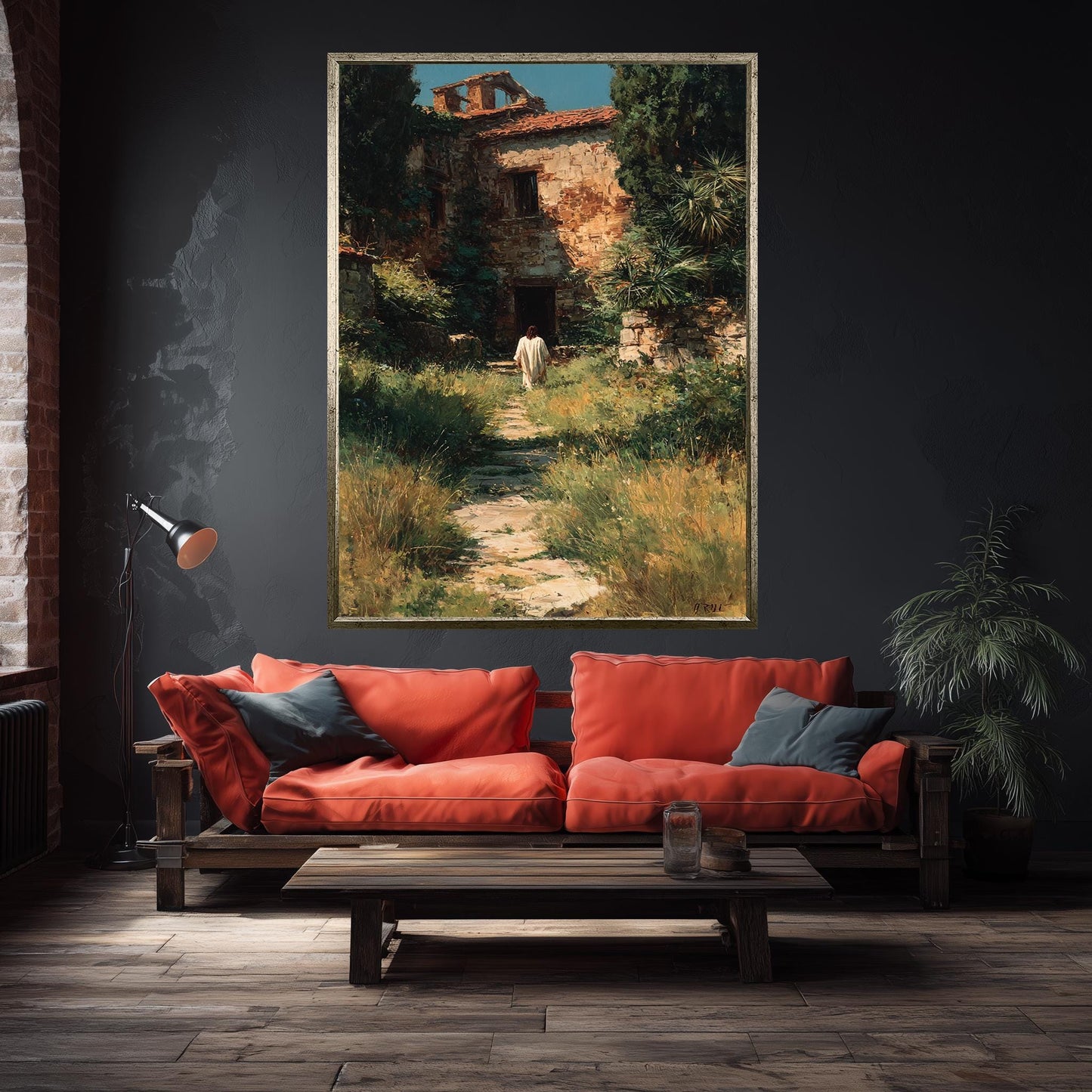 Jesus Walking Toward Ancient House in Overgrown Garden Rustic Faith Wall Art Print for Christian Home Prayer Room or Reflection Space