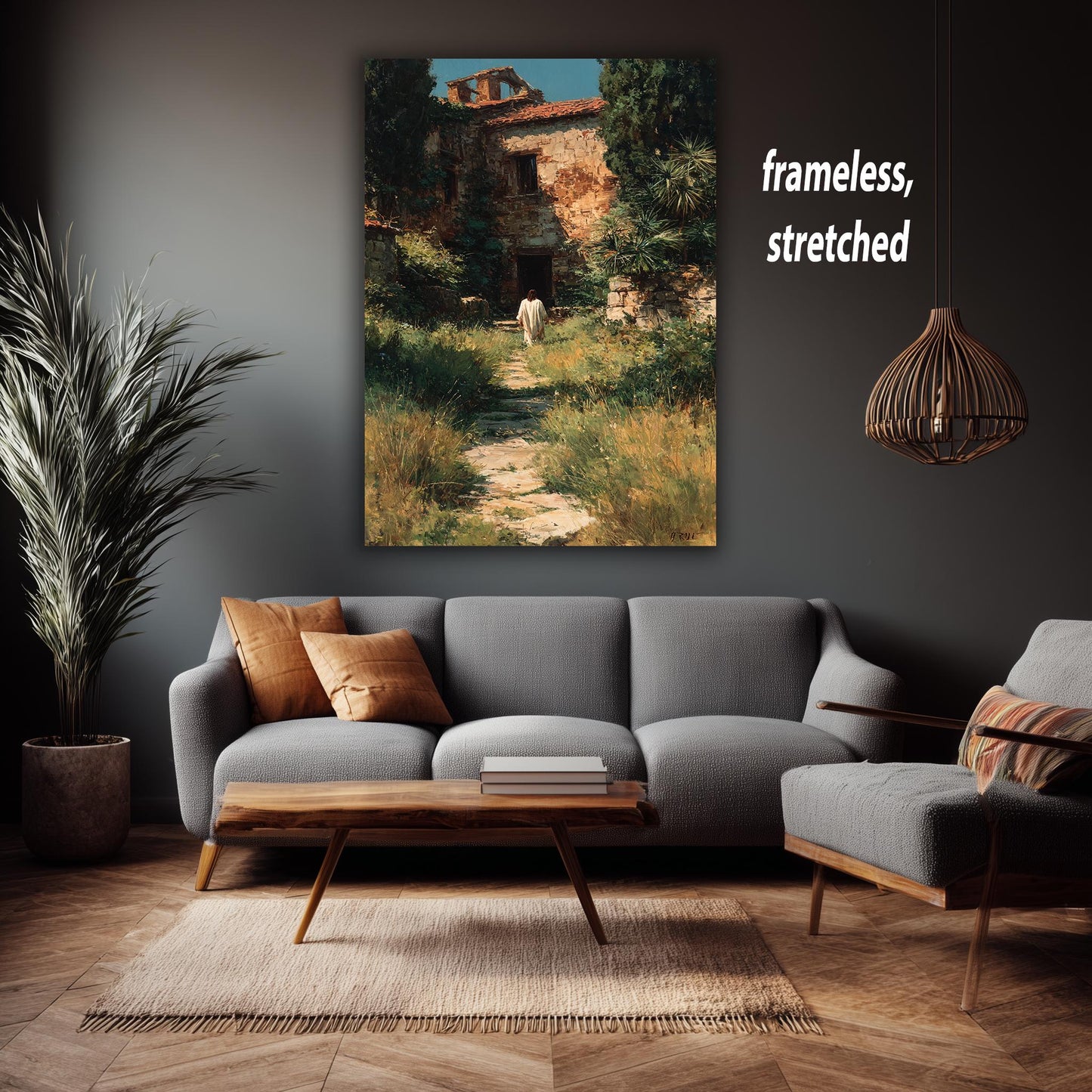 Jesus Walking Toward Ancient House in Overgrown Garden Rustic Faith Wall Art Print for Christian Home Prayer Room or Reflection Space