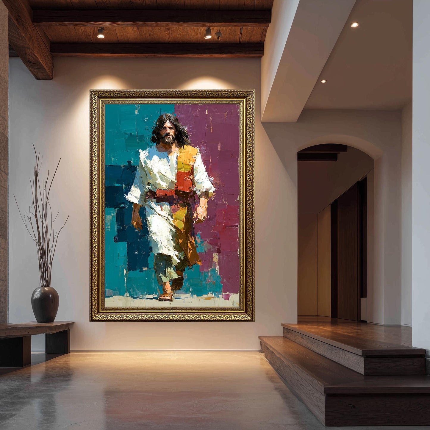 Jesus Walking Oil Painting on Canvas | Modern Abstract Religious Wall Art | Vibrant Christian Home Decor | Spiritual Gift for Believers