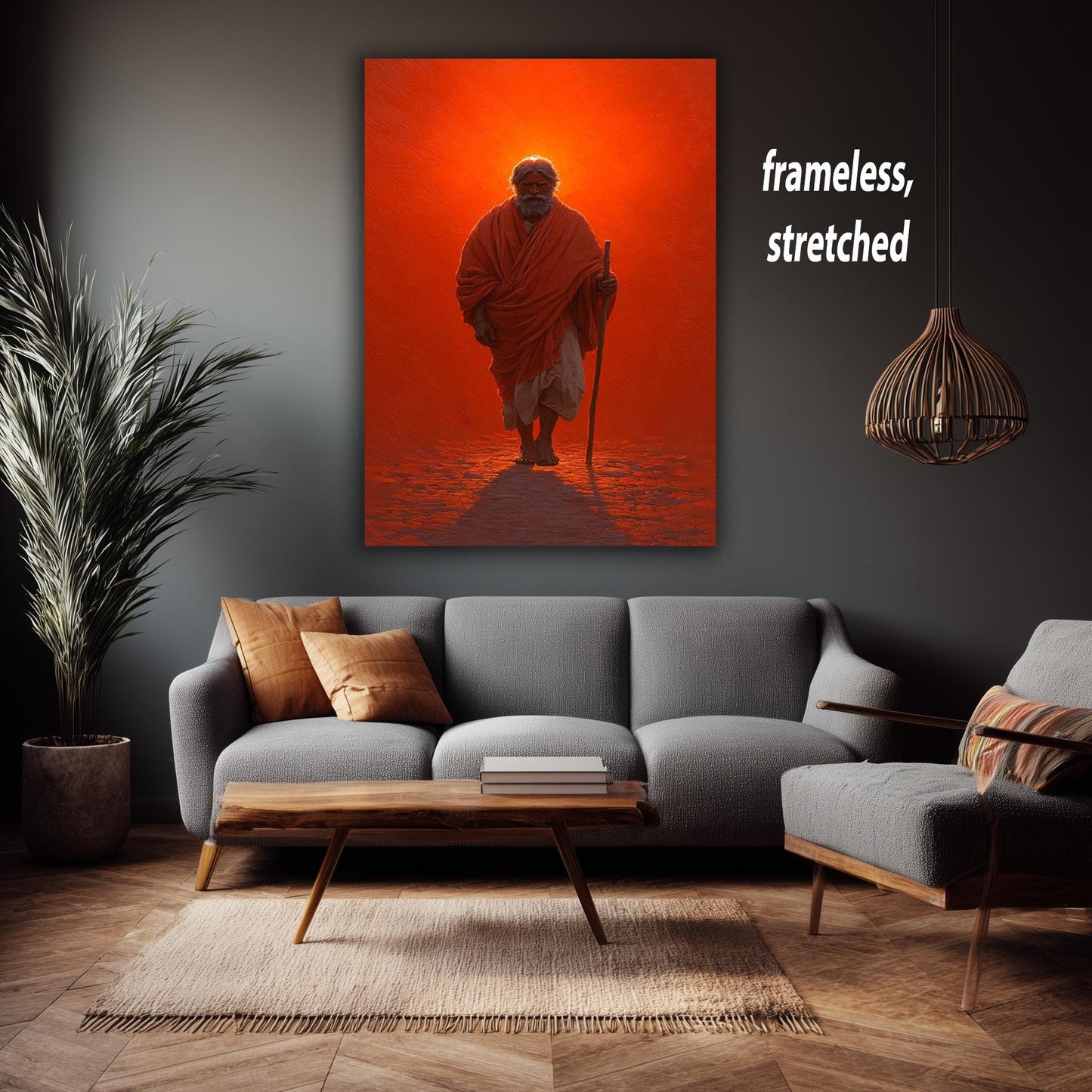 Spiritual Monk Walking Painting | Mystical Red Aura Canvas Art | Enlightened Sage Wall Decor | Symbolic Journey of Wisdom Artwork Jesus Art