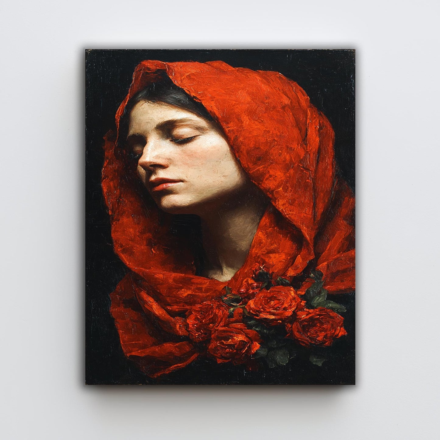 Mother Mary Roses Painting | Virgin Mary Wall Art with Red Veil and Floral Symbolism | Sacred Catholic Christian Home Decor Canvas