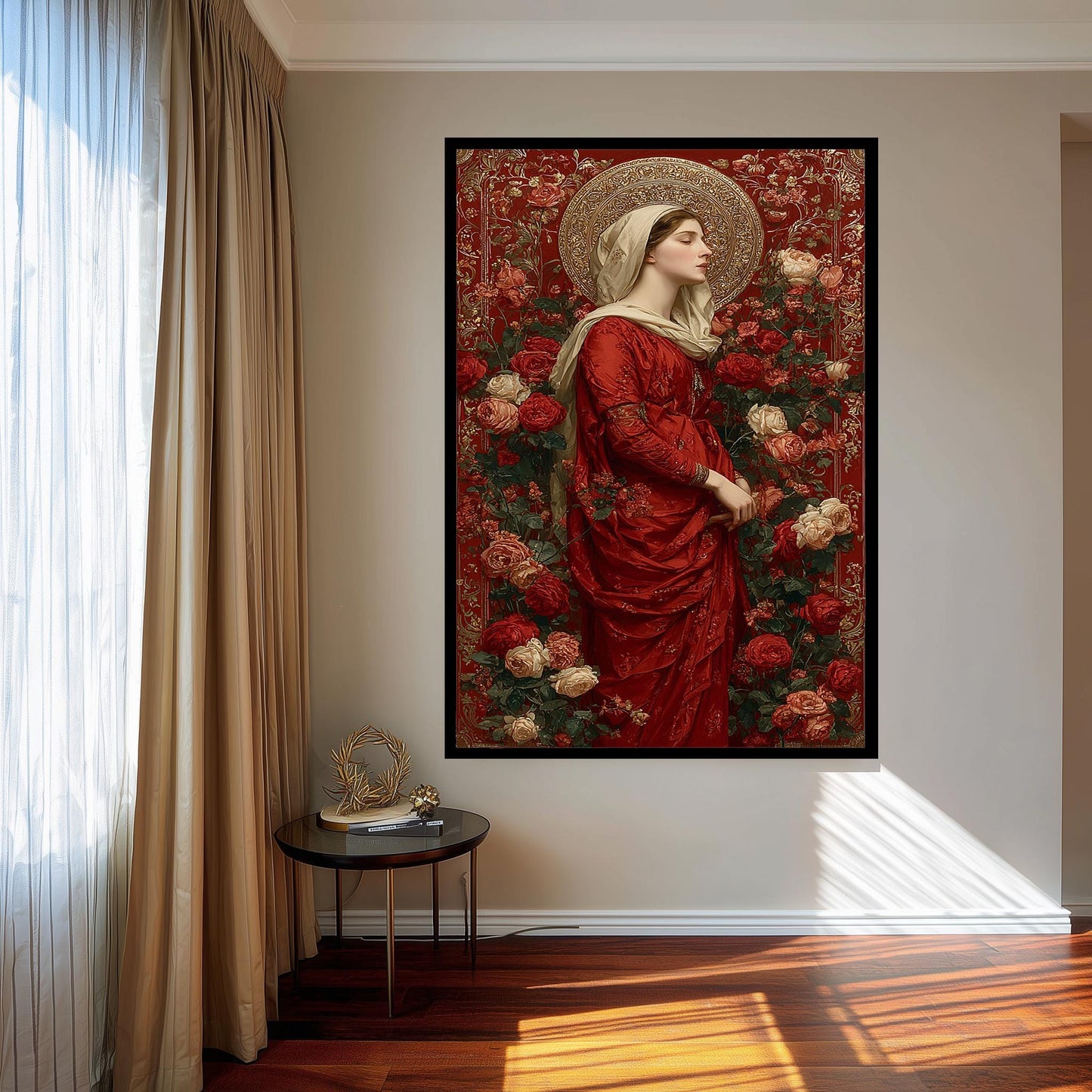 Mother Mary in Red Surrounded by Roses | Elegant Virgin Mary Canvas with Gold Halo | Catholic Religious Art for Prayer Room or Church