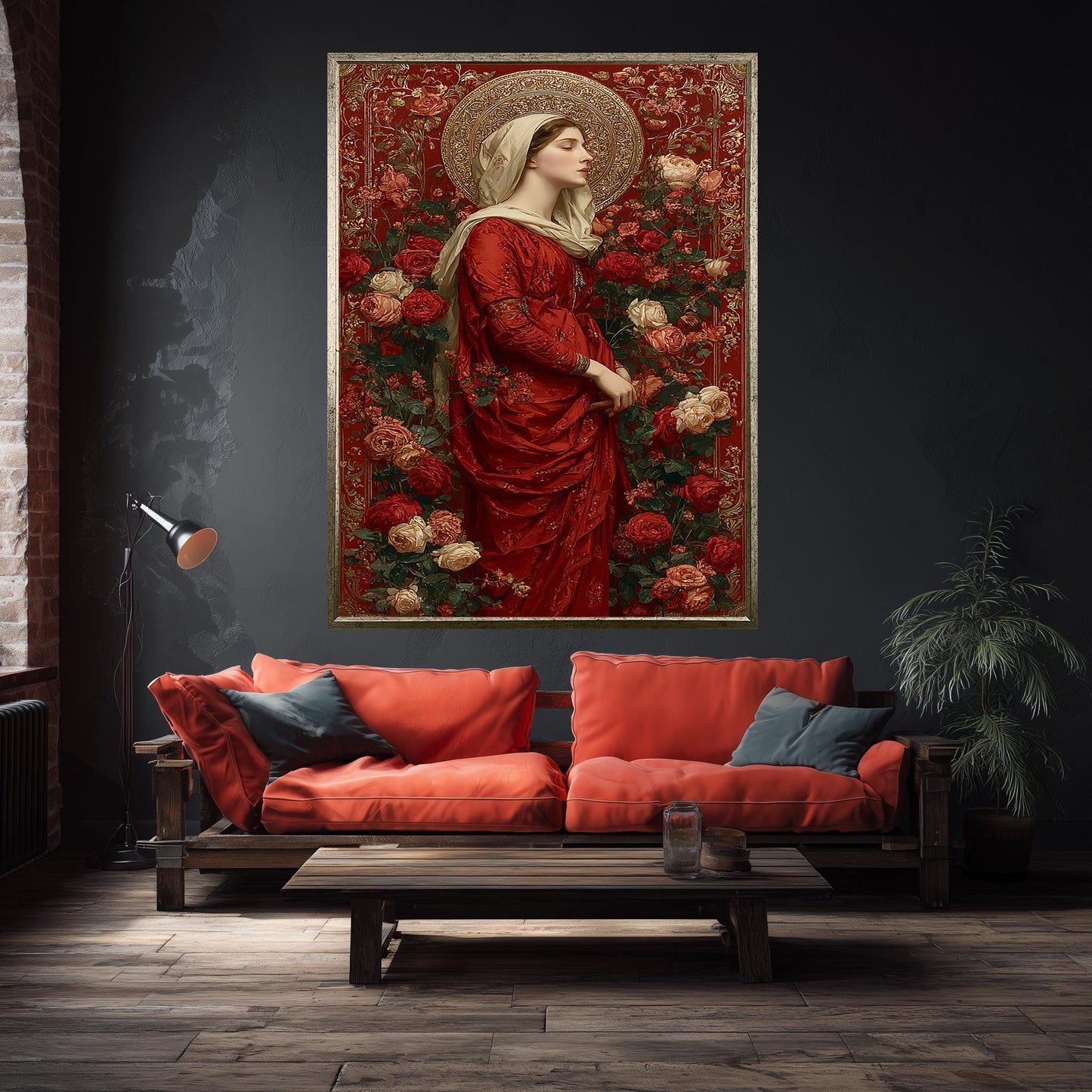 Mother Mary in Red Surrounded by Roses | Elegant Virgin Mary Canvas with Gold Halo | Catholic Religious Art for Prayer Room or Church