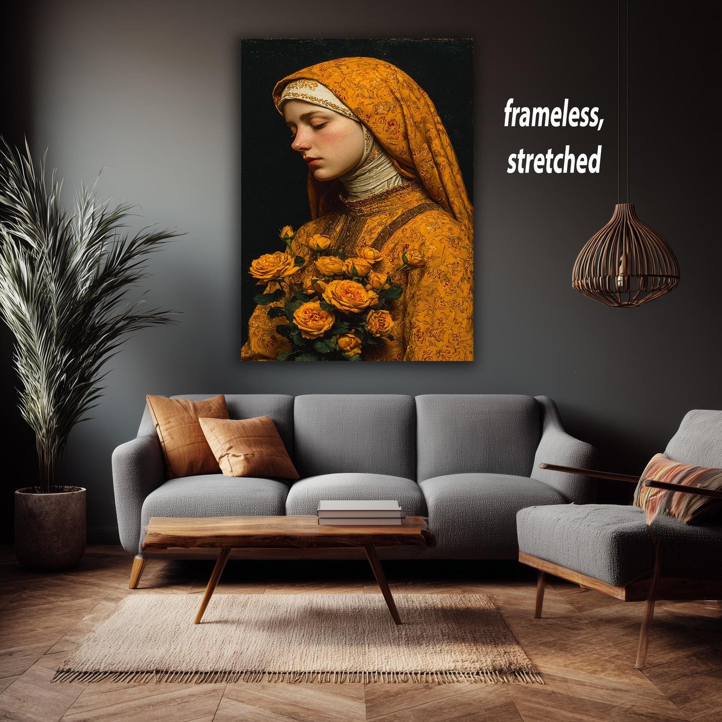 Mother Mary in Golden Robes with Yellow Roses | Peaceful Virgin Mary Canvas Art | Catholic Religious Wall Decor for Faithful Homes