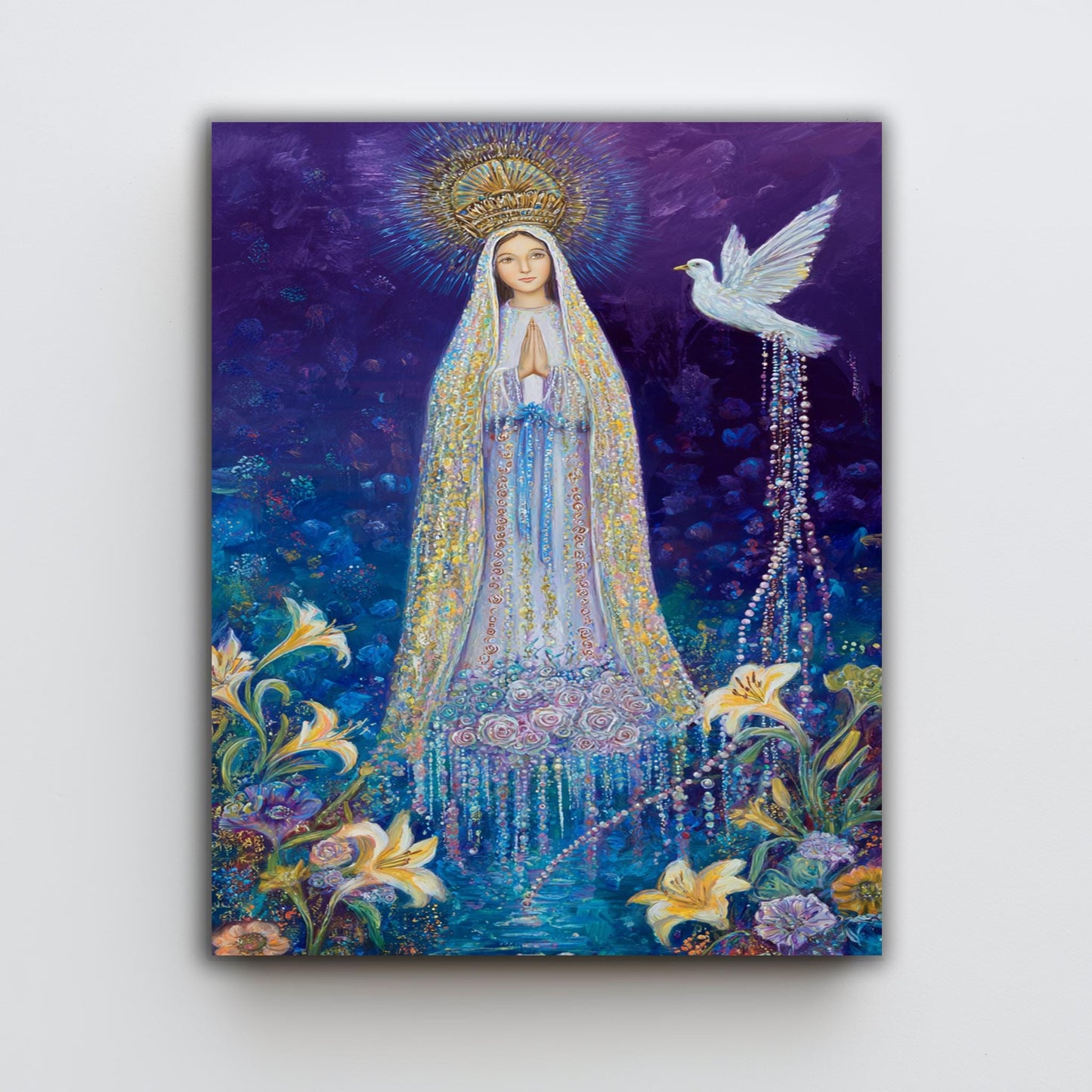 Our Lady of Grace in Crown with Dove and Lilies | Mystical Virgin Mary Painting with Rosy Gown and Floral Light | Catholic Wall Art Mary Art