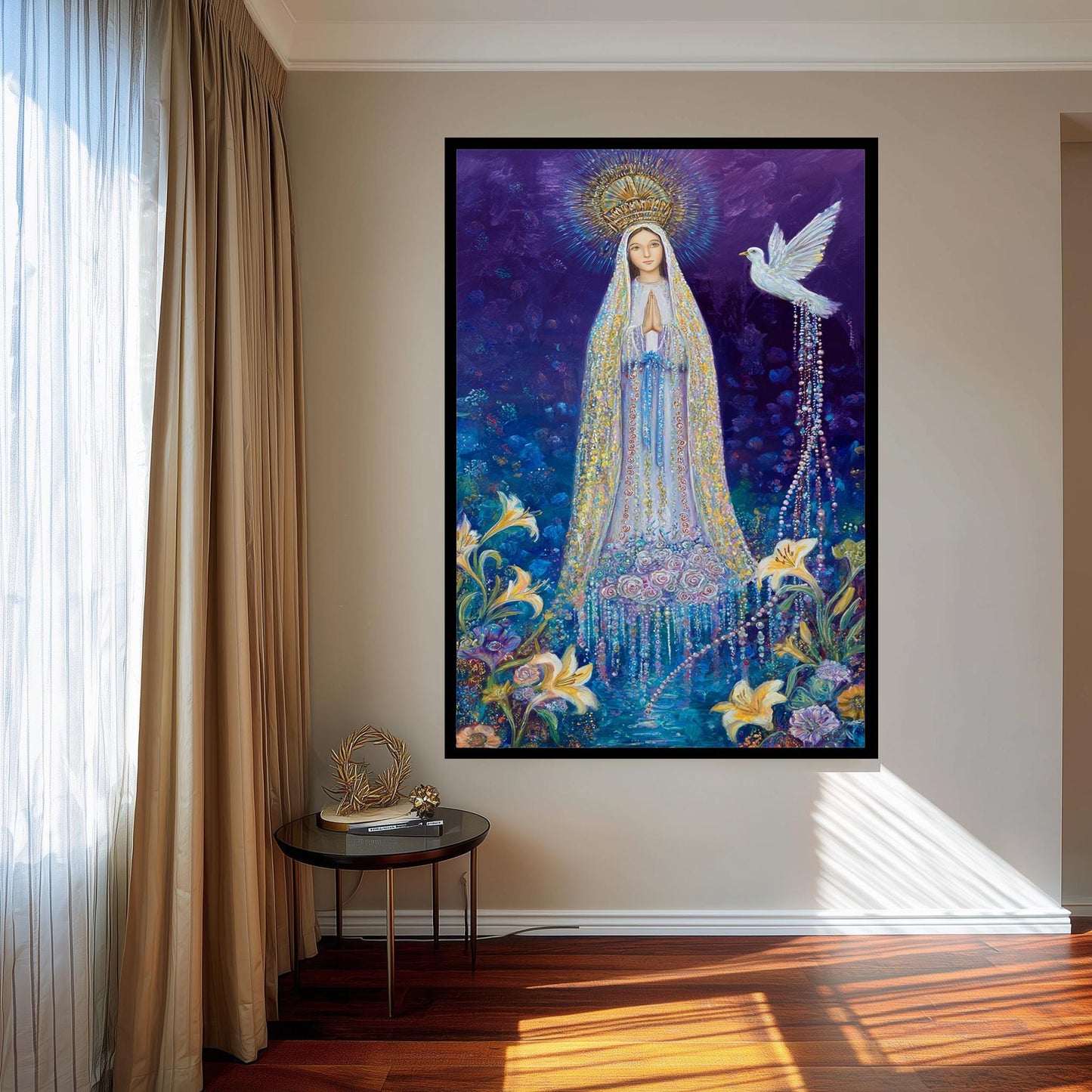 Our Lady of Grace in Crown with Dove and Lilies | Mystical Virgin Mary Painting with Rosy Gown and Floral Light | Catholic Wall Art Mary Art