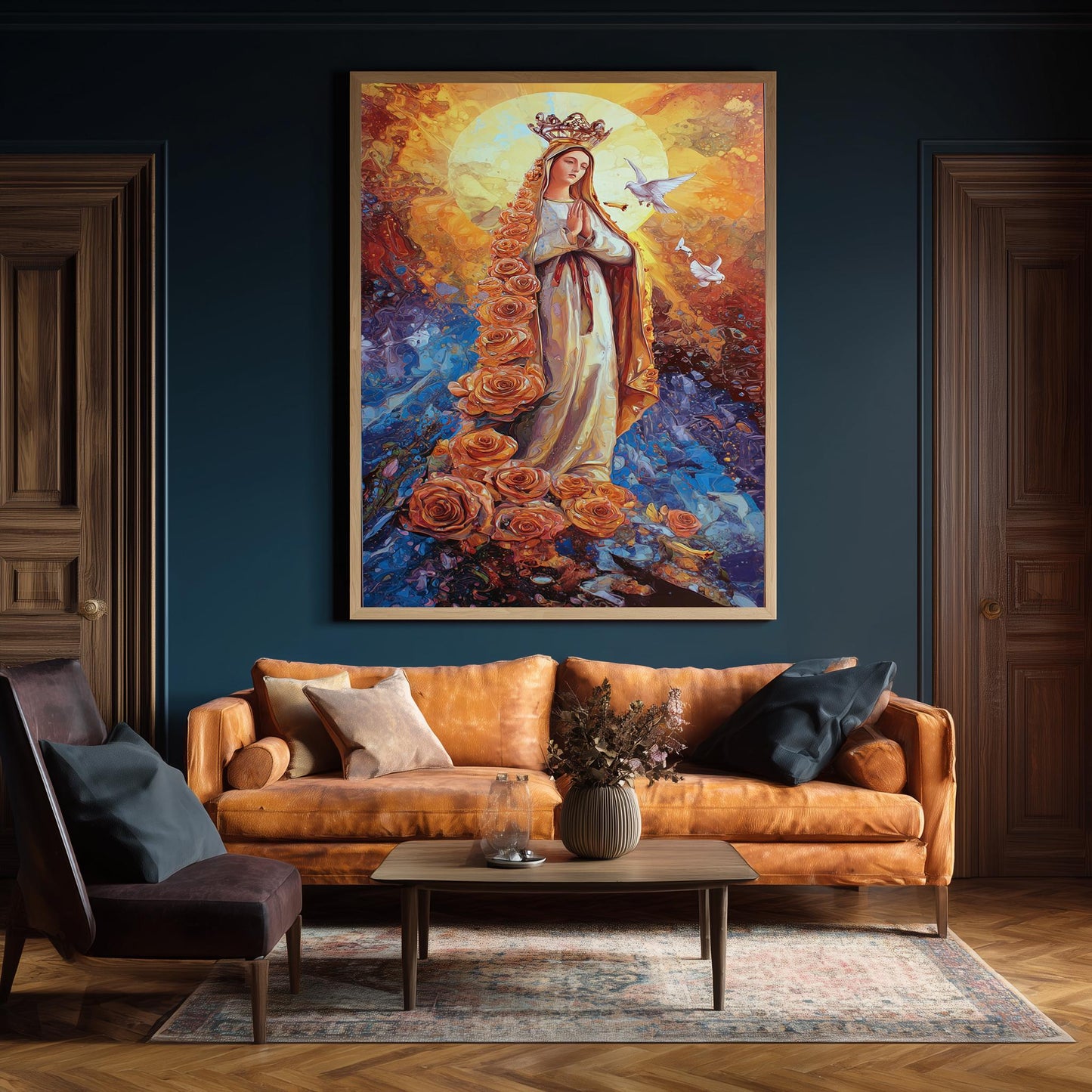 Virgin Mary Wall Art Blessed Mother Canvas Print with Roses and Doves Religious Catholic Artwork Spiritual Christian Home Decor Mother Mary