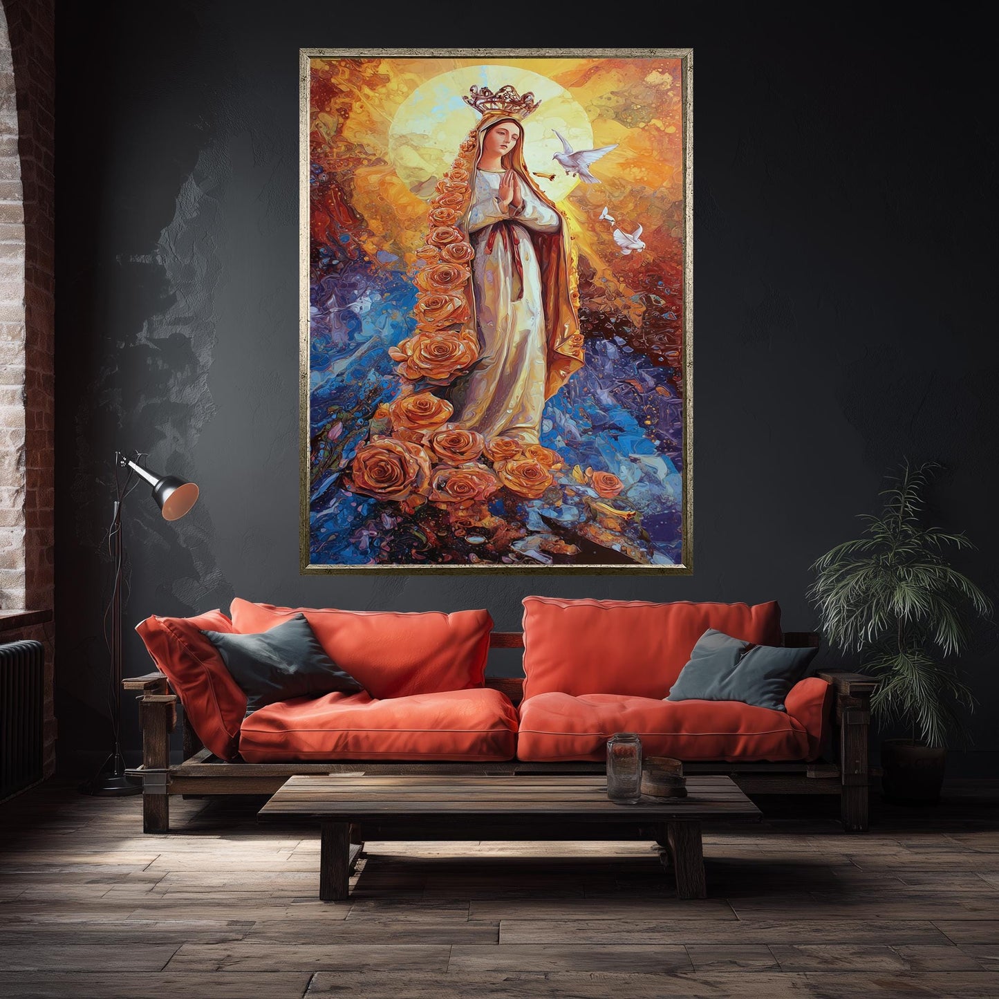 Virgin Mary Wall Art Blessed Mother Canvas Print with Roses and Doves Religious Catholic Artwork Spiritual Christian Home Decor Mother Mary
