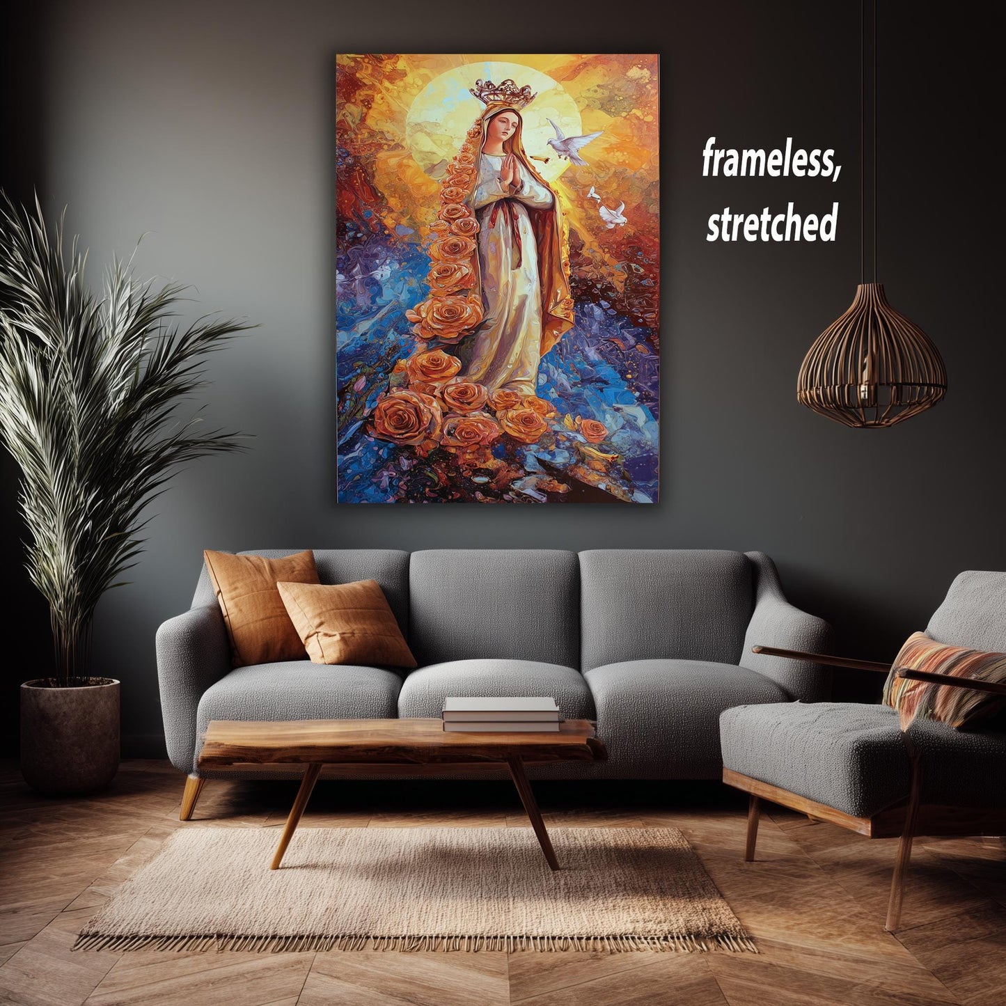 Virgin Mary Wall Art Blessed Mother Canvas Print with Roses and Doves Religious Catholic Artwork Spiritual Christian Home Decor Mother Mary