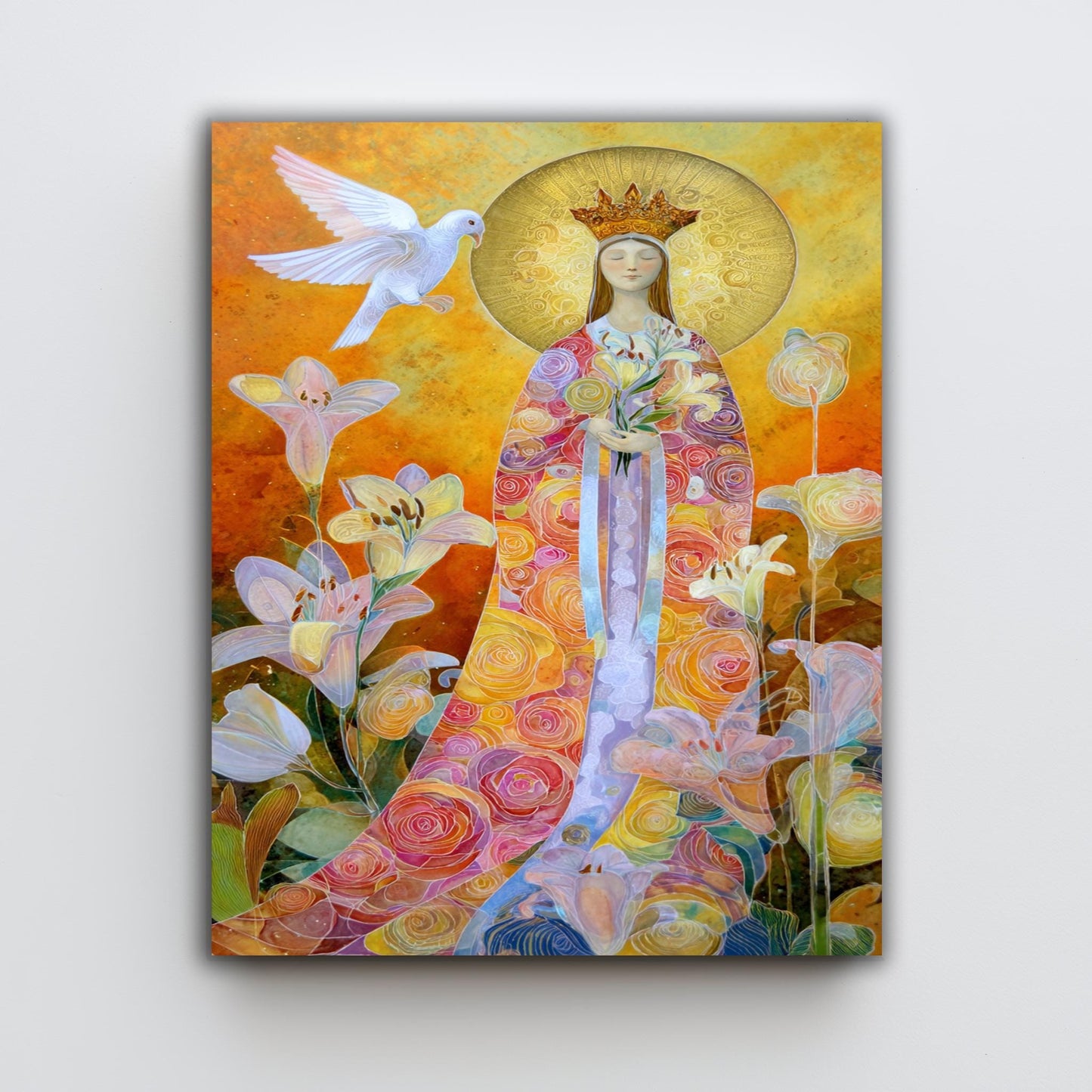 Modern Virgin Mary Wall Art Sacred Mother With Golden Halo Colorful Floral Robe And White Dove Spiritual Catholic Home Canvas Virgin Mary
