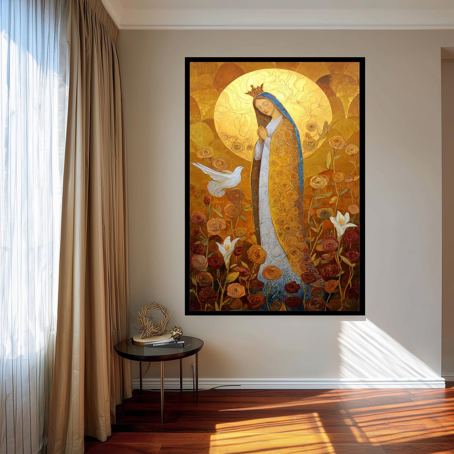 Virgin Mary Wall Art Golden Halo Catholic Canvas Print Blessed Mother Surrounded By Roses Dove And Sacred Light Spiritual Decor Mother Print