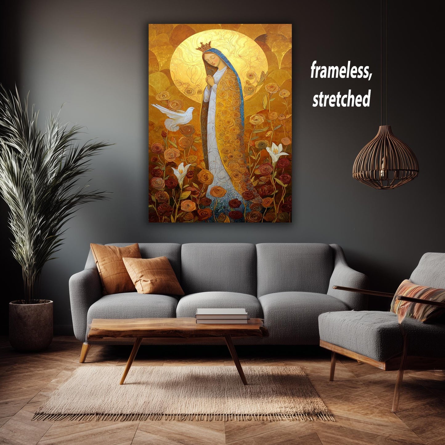 Virgin Mary Wall Art Golden Halo Catholic Canvas Print Blessed Mother Surrounded By Roses Dove And Sacred Light Spiritual Decor Mother Print