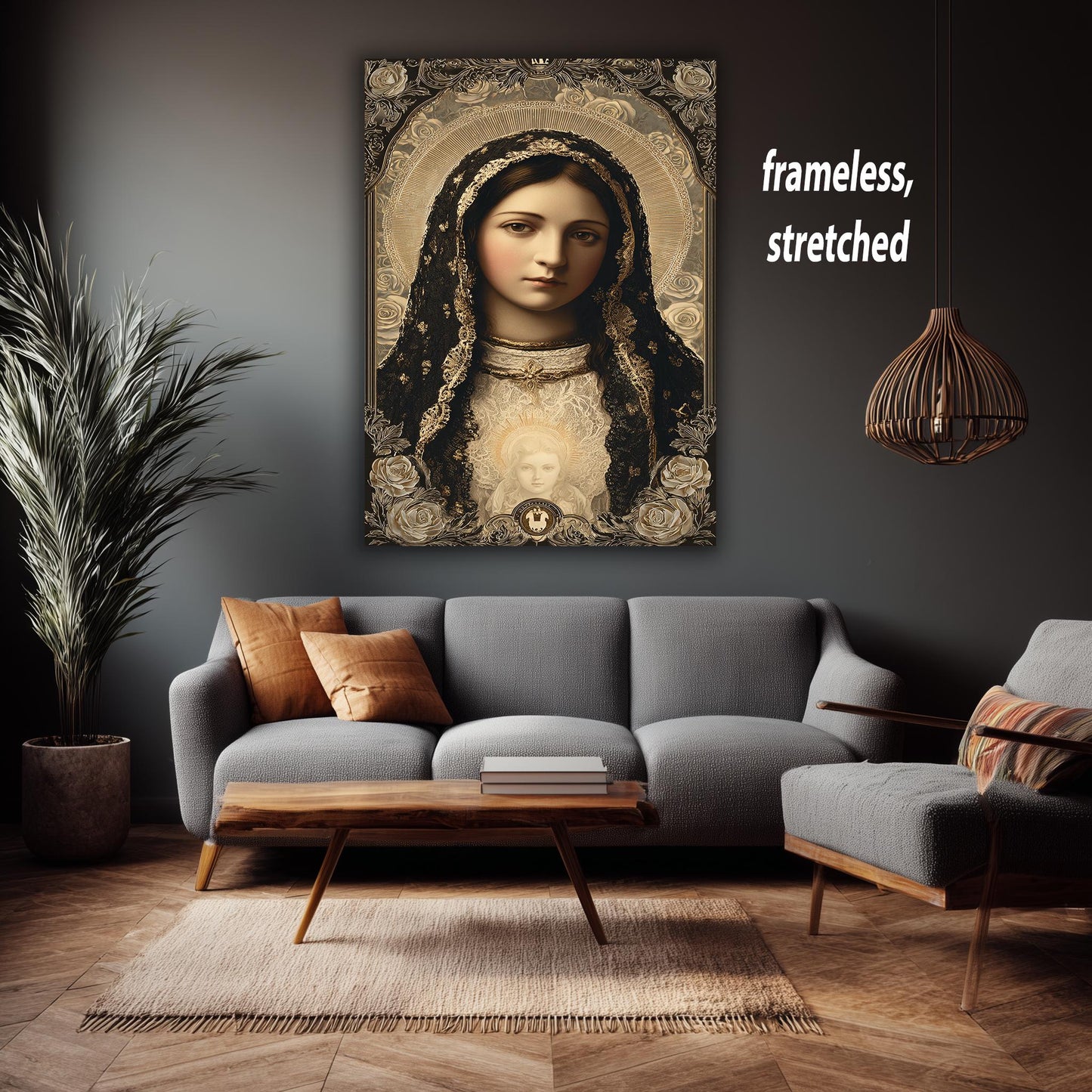 Our Lady Of Guadalupe Wall Art Catholic Canvas Print Black And Gold Sacred Virgin Mary Portrait With Child Holy Religious Home Decor