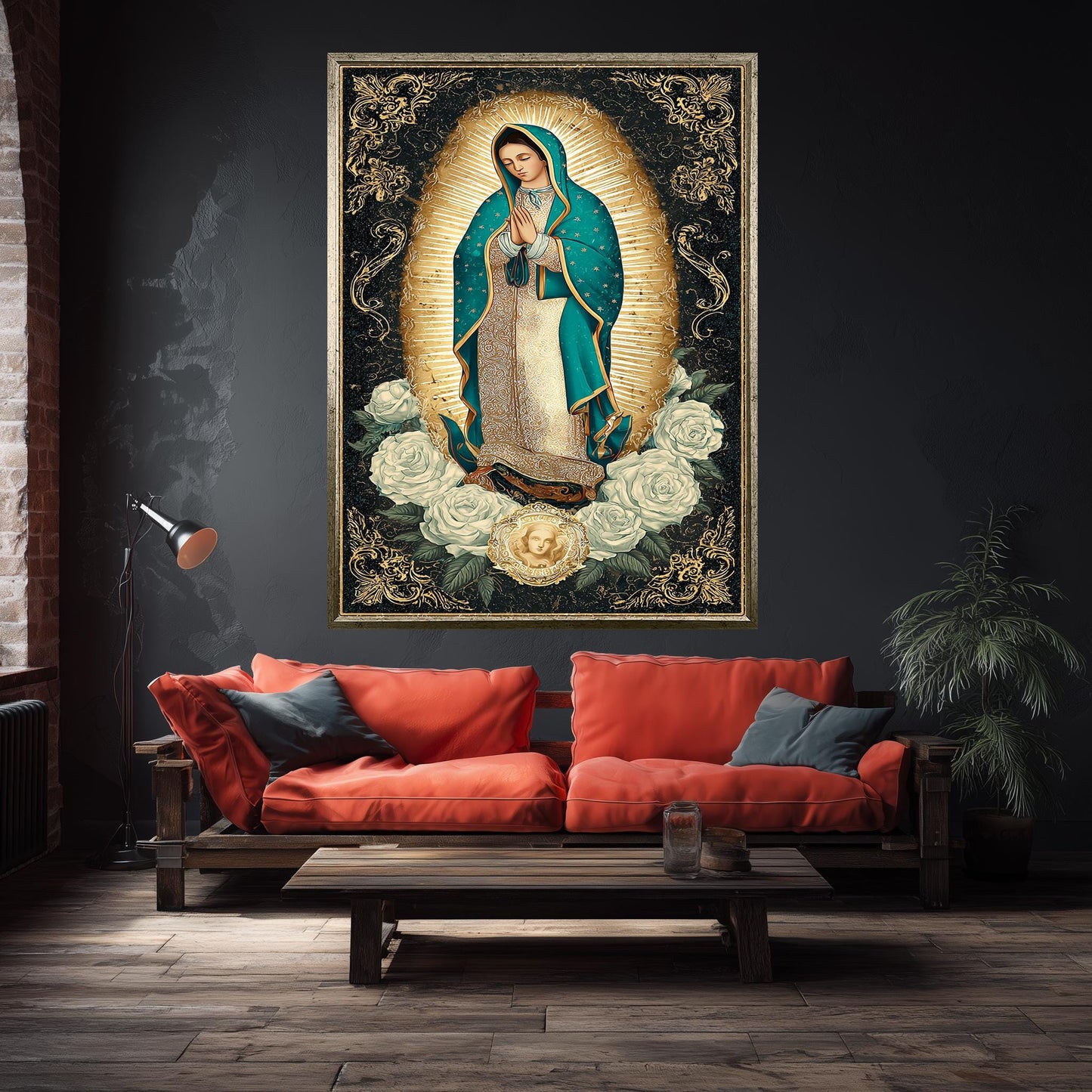 Our Lady Of Guadalupe Wall Art Full Body Catholic Canvas Print Virgin Mary In Teal Mantle Surrounded By Gold Light And White Roses