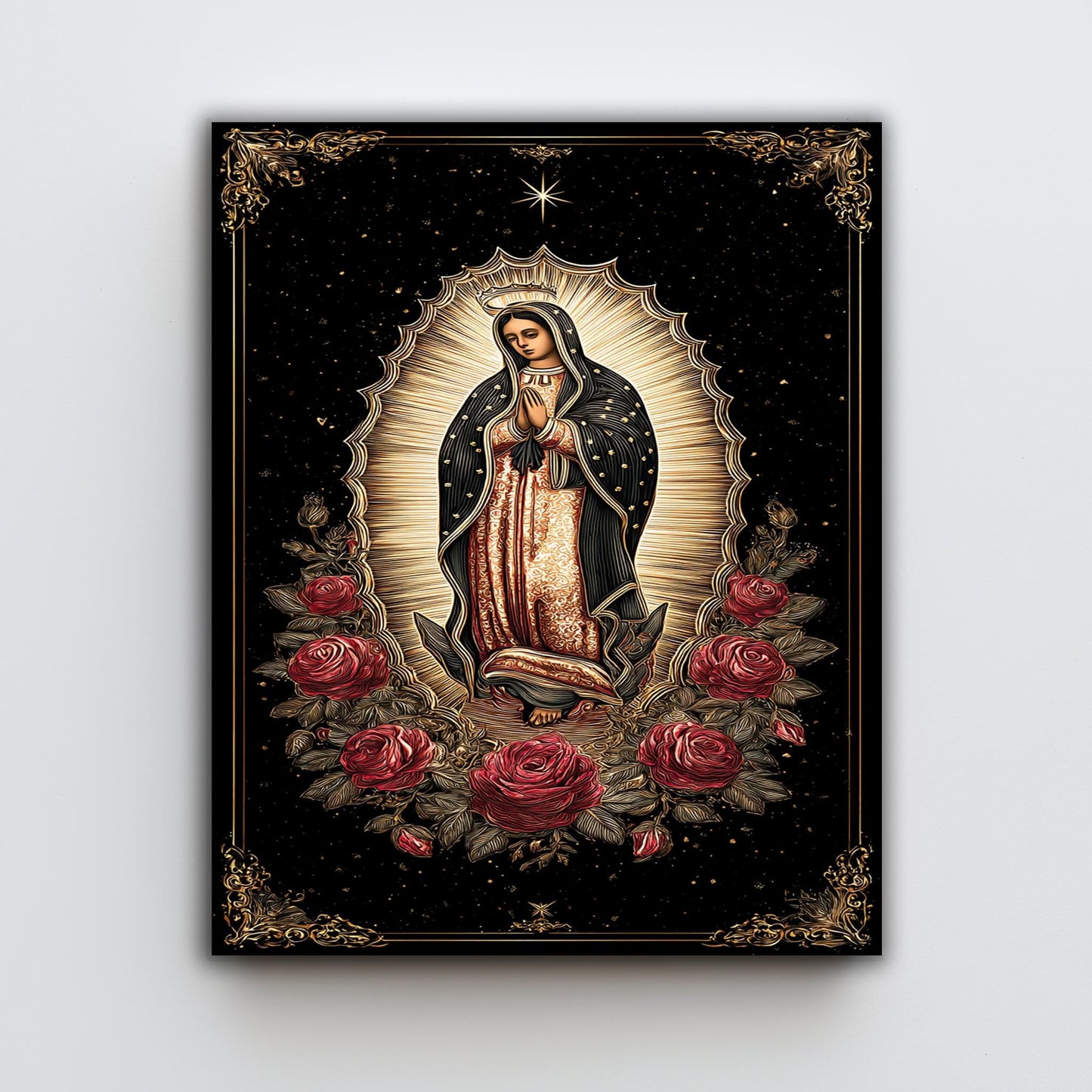 Our Lady Of Guadalupe Full Body Wall Art With Crown Surrounded By Roses Catholic Canvas Print Golden Light On Black Spiritual Background