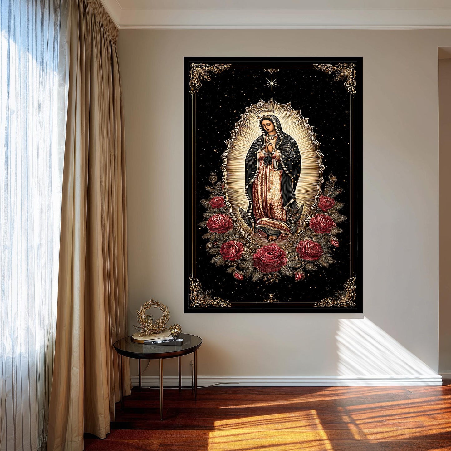 Our Lady Of Guadalupe Full Body Wall Art With Crown Surrounded By Roses Catholic Canvas Print Golden Light On Black Spiritual Background