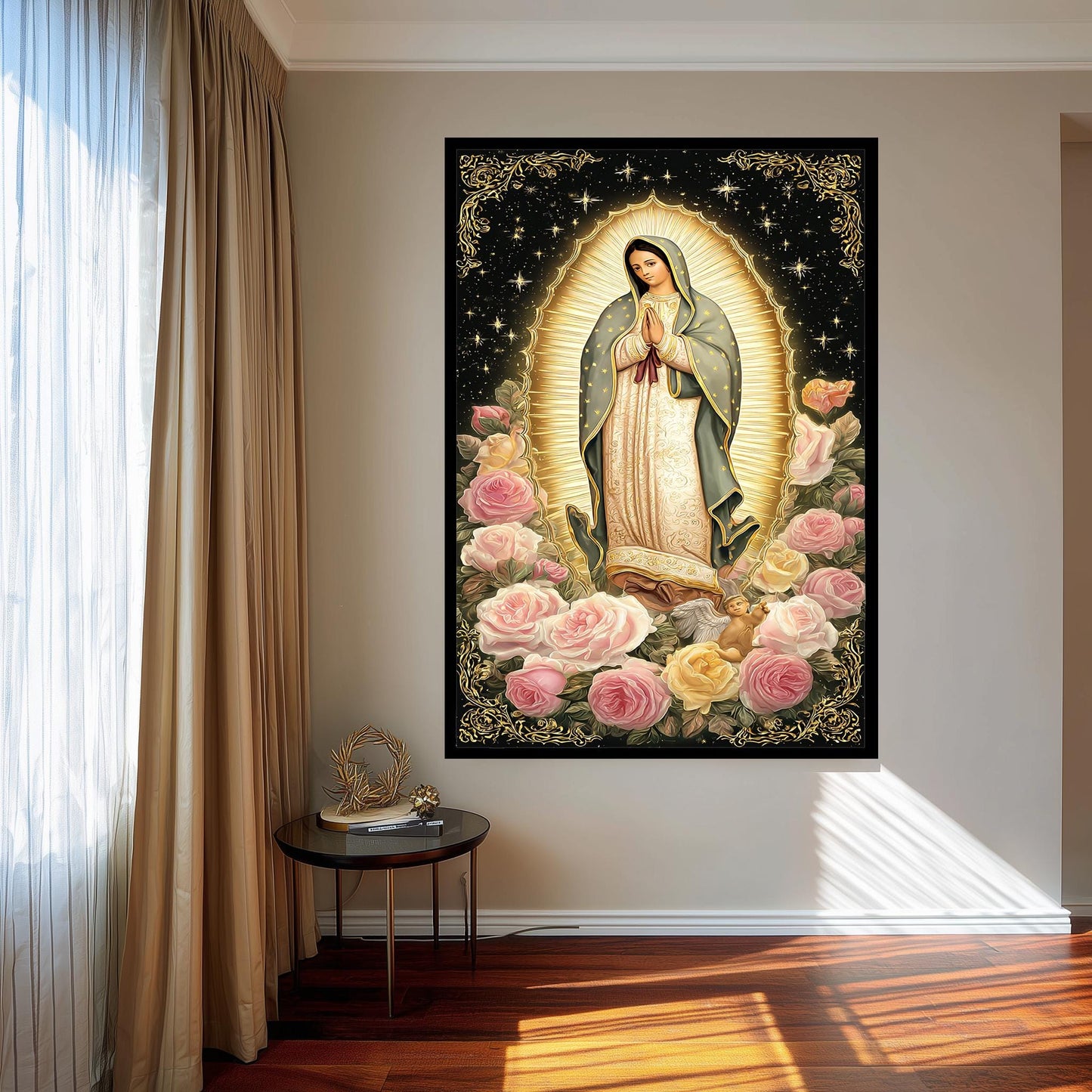 Our Lady Of Guadalupe Full Body Canvas Print With Angel Surrounded By Soft Roses And Golden Light On Starry Background Catholic Wall Art