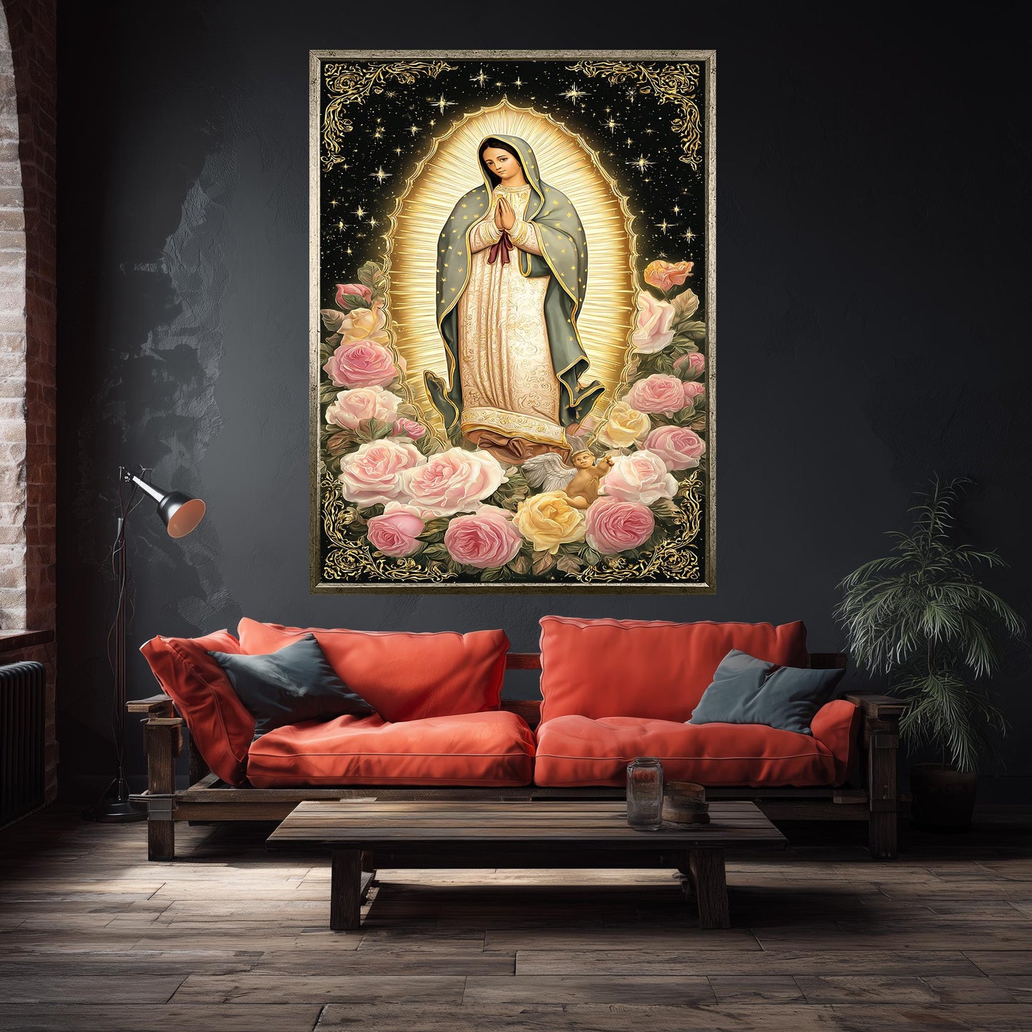 Our Lady Of Guadalupe Full Body Canvas Print With Angel Surrounded By Soft Roses And Golden Light On Starry Background Catholic Wall Art