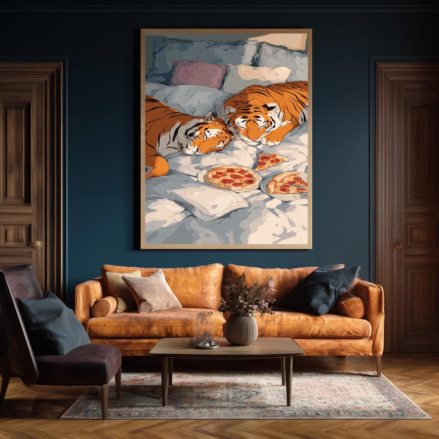 Whimsical Tigers In Bed Wall Art Funny Animal Canvas Print Two Tigers Eating Pizza In Cozy Bedding Surreal Pop Art Home Decor