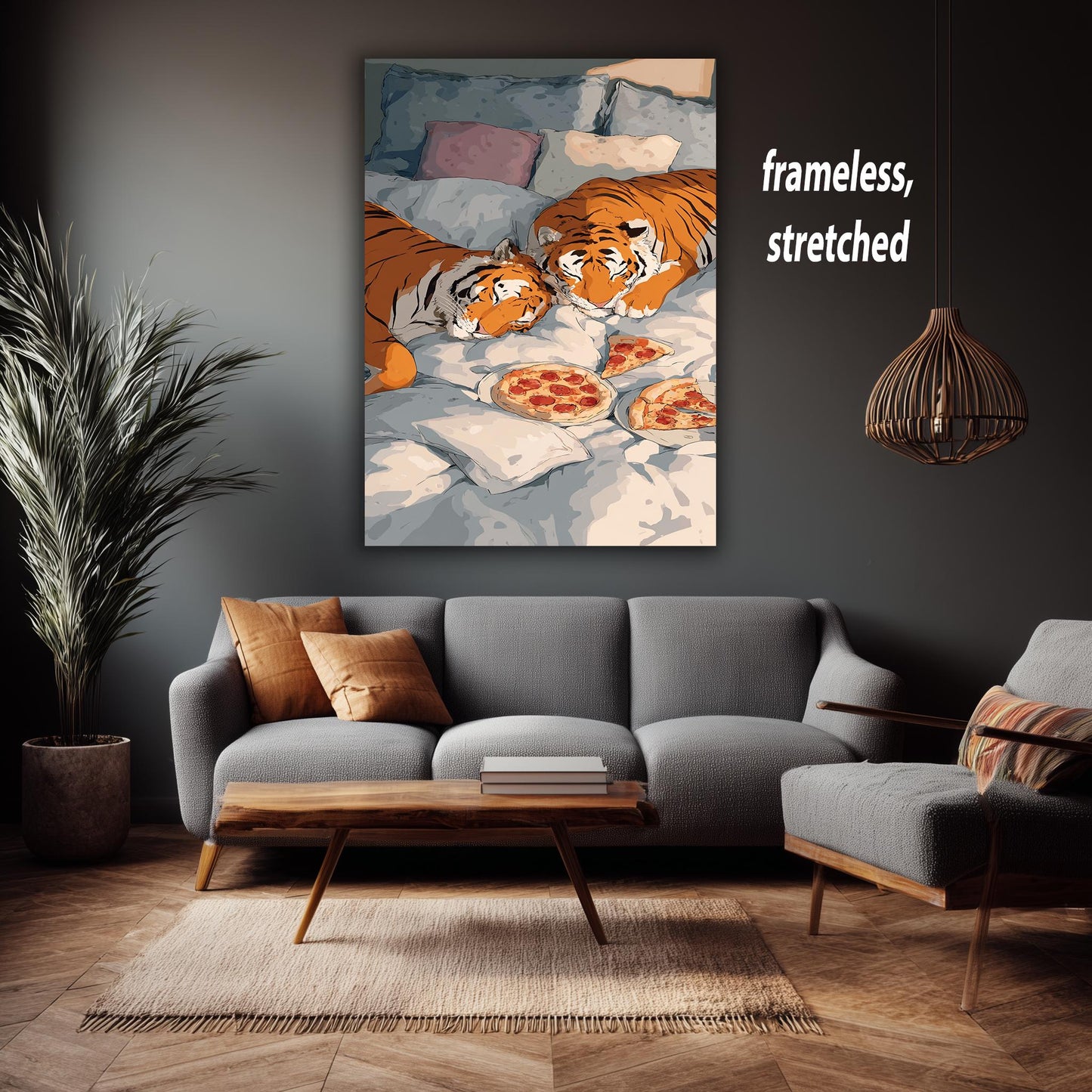 Whimsical Tigers In Bed Wall Art Funny Animal Canvas Print Two Tigers Eating Pizza In Cozy Bedding Surreal Pop Art Home Decor