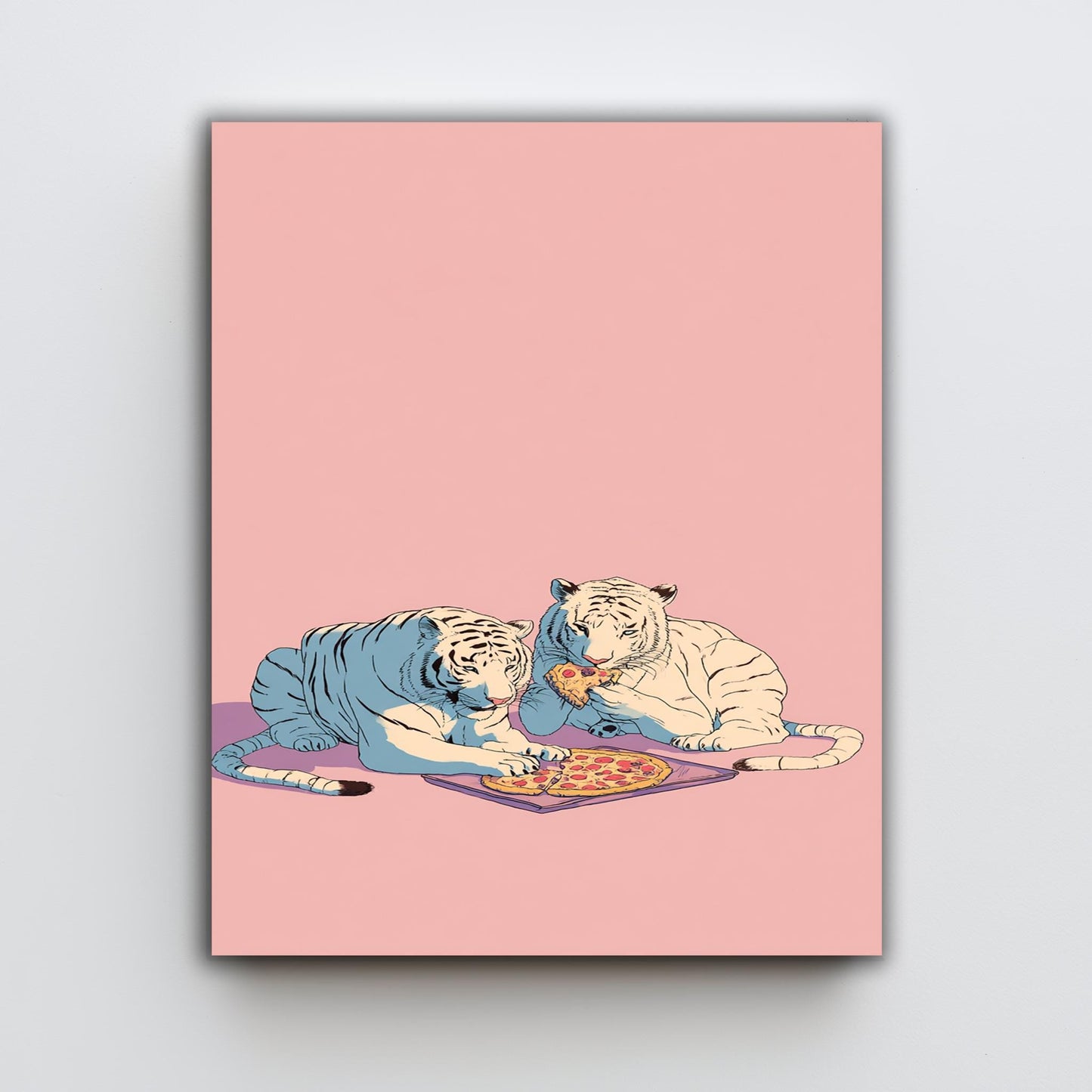 Retro White Tigers Eating Pizza Wall Art Pastel Pop Art Canvas Print 80s Style Tigers With Pepperoni Pizza On Pink Background Tiger Wall Art