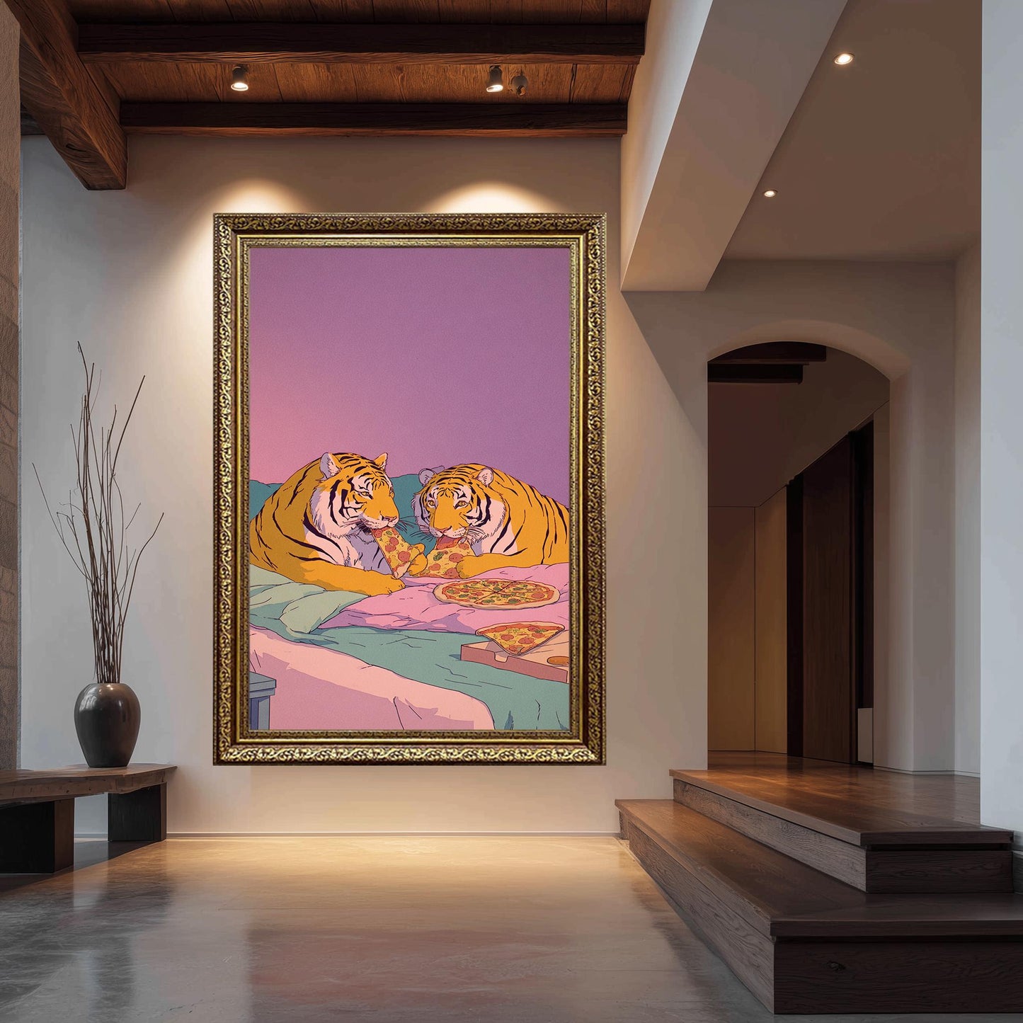 Pastel Tigers Eating Pizza Wall Art Retro 80s Style Canvas Print Two Tigers In Bed Sharing Pizza Under Gradient Sunset Colors Tiger Wall Art
