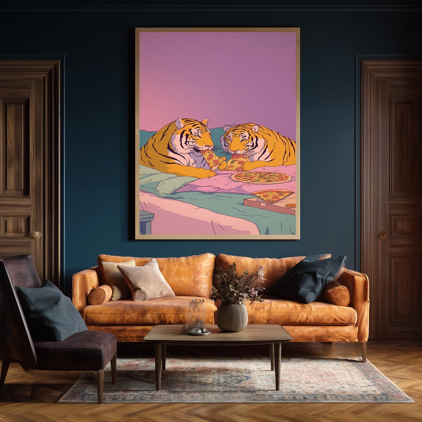 Pastel Tigers Eating Pizza Wall Art Retro 80s Style Canvas Print Two Tigers In Bed Sharing Pizza Under Gradient Sunset Colors Tiger Wall Art
