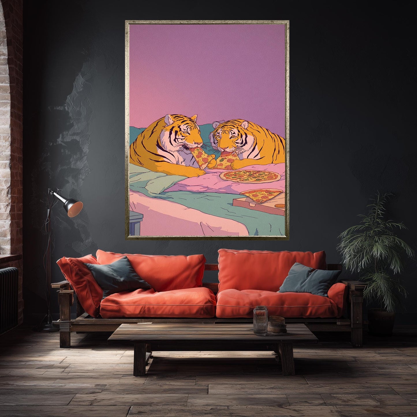 Pastel Tigers Eating Pizza Wall Art Retro 80s Style Canvas Print Two Tigers In Bed Sharing Pizza Under Gradient Sunset Colors Tiger Wall Art