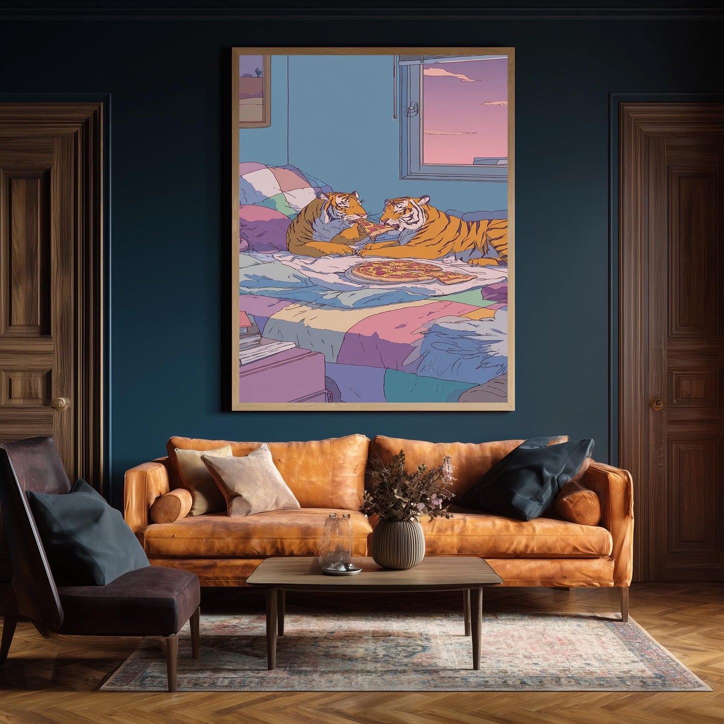 Two Tigers Eating Pepperoni Pizza in Cozy Pastel Bedroom with 80s Retro Aesthetic Whimsical Animal Art Print for Home Wall Decor Tiger Art