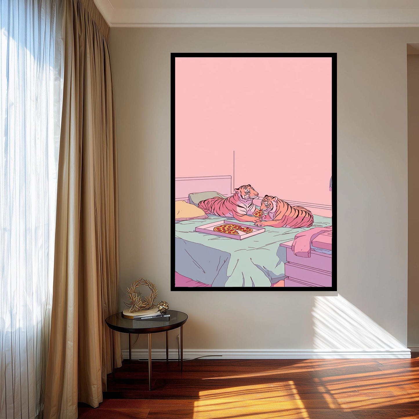 Funny Illustration of Two Tigers Sharing Pizza in a Pastel Pink Room Retro 80s Aesthetic Animal Artwork for Whimsical Bedroom or Dorm Art
