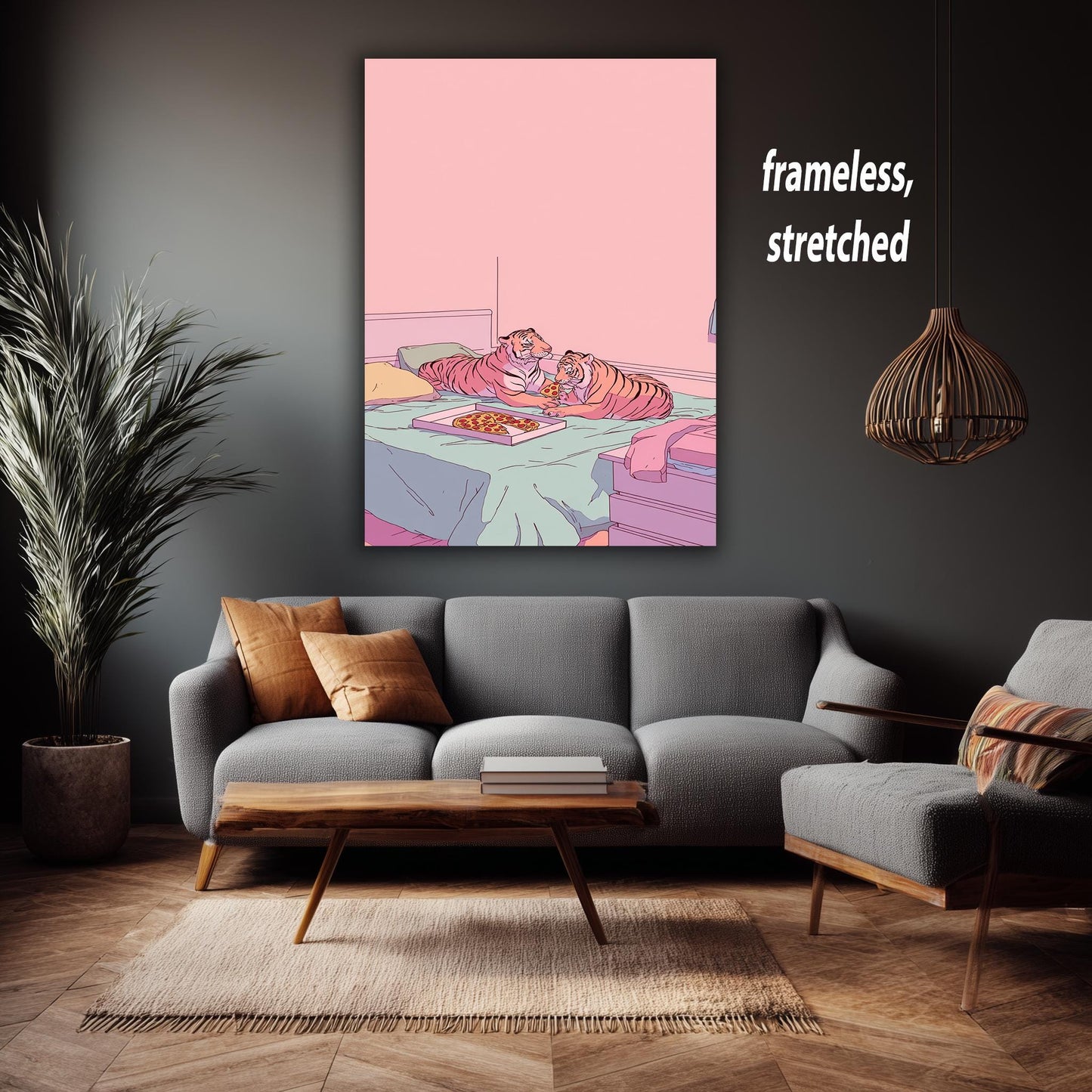 Funny Illustration of Two Tigers Sharing Pizza in a Pastel Pink Room Retro 80s Aesthetic Animal Artwork for Whimsical Bedroom or Dorm Art