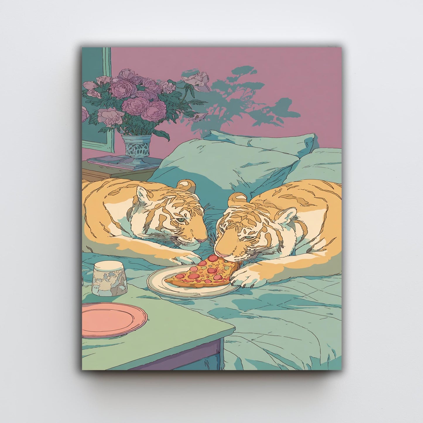 Romantic Tigers Sharing Pizza in a Dreamy Pastel Bedroom Whimsical Retro 80s Animal Illustration for Cute Couple or Cozy Decor Tiger Print