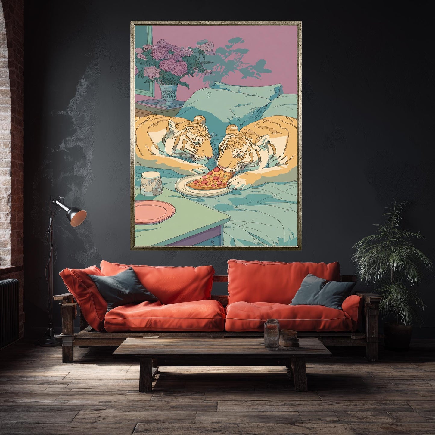 Romantic Tigers Sharing Pizza in a Dreamy Pastel Bedroom Whimsical Retro 80s Animal Illustration for Cute Couple or Cozy Decor Tiger Print