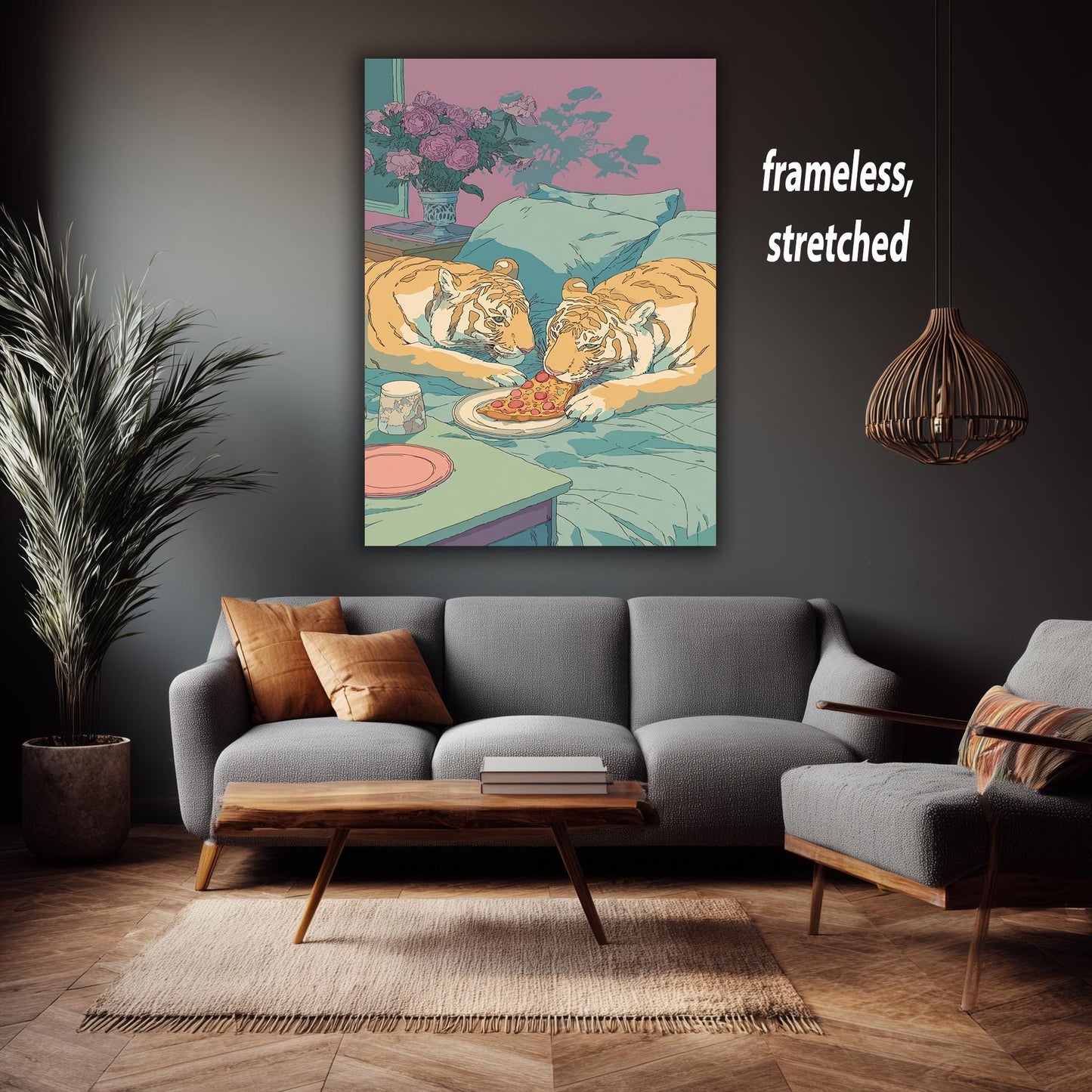 Romantic Tigers Sharing Pizza in a Dreamy Pastel Bedroom Whimsical Retro 80s Animal Illustration for Cute Couple or Cozy Decor Tiger Print