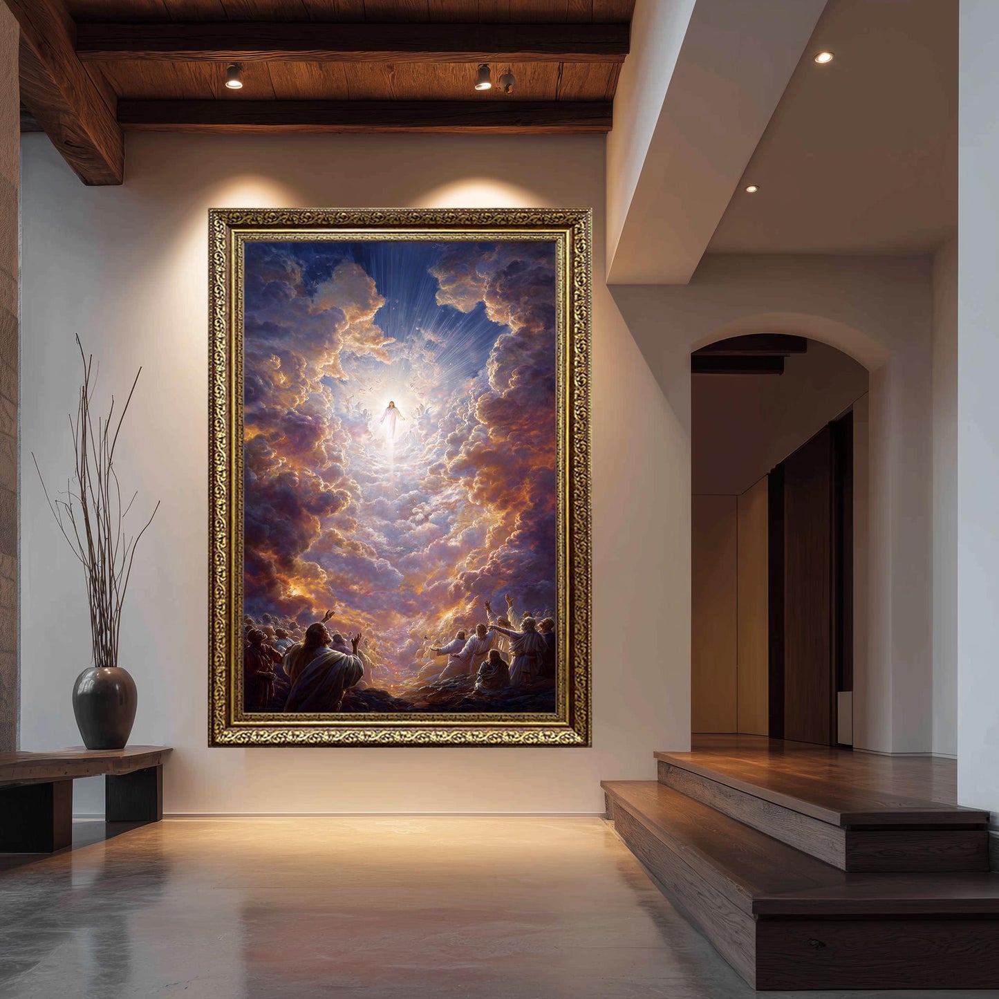 Jesus Ascending to Heaven Religious Art Radiant Christian Wall Print with Glowing Clouds, Angels, Light Rays and Worshipping Disciples
