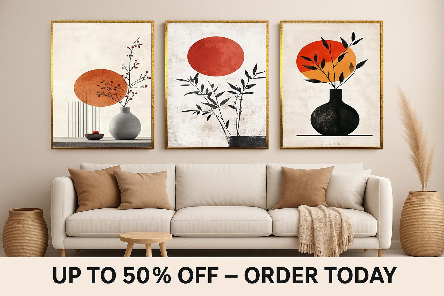 Japanese Zen Art Prints: Minimalist Sun & Plant Boho Decor Set
