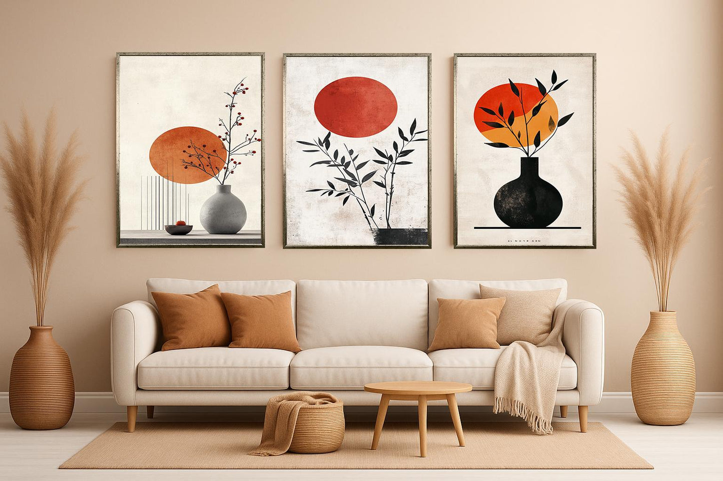 Japanese Zen Art Prints: Minimalist Sun & Plant Boho Decor Set