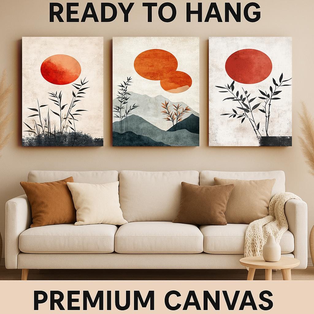 Japandi Bamboo Sunset Print Set: Minimalist Zen Wall Art